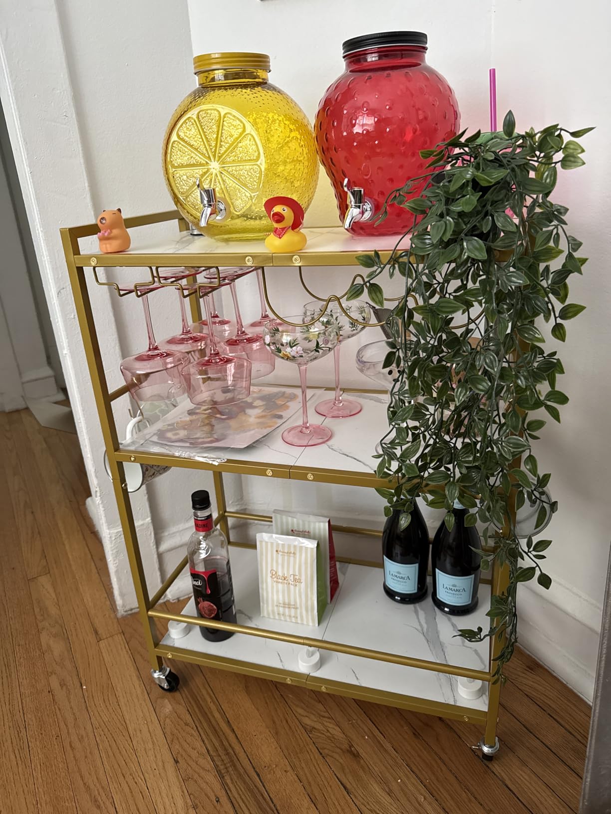 TUTOTAK Bar Cart with Wheels, Drink Cart with Wine Rack and Glass Holder | 3-Tier 23.7 Inch Wide Home Bar Serving Carts, Small Mobile Kitchen Shelf with 6 Hooks, Rustic Brown BC01BB030 customer photo 1