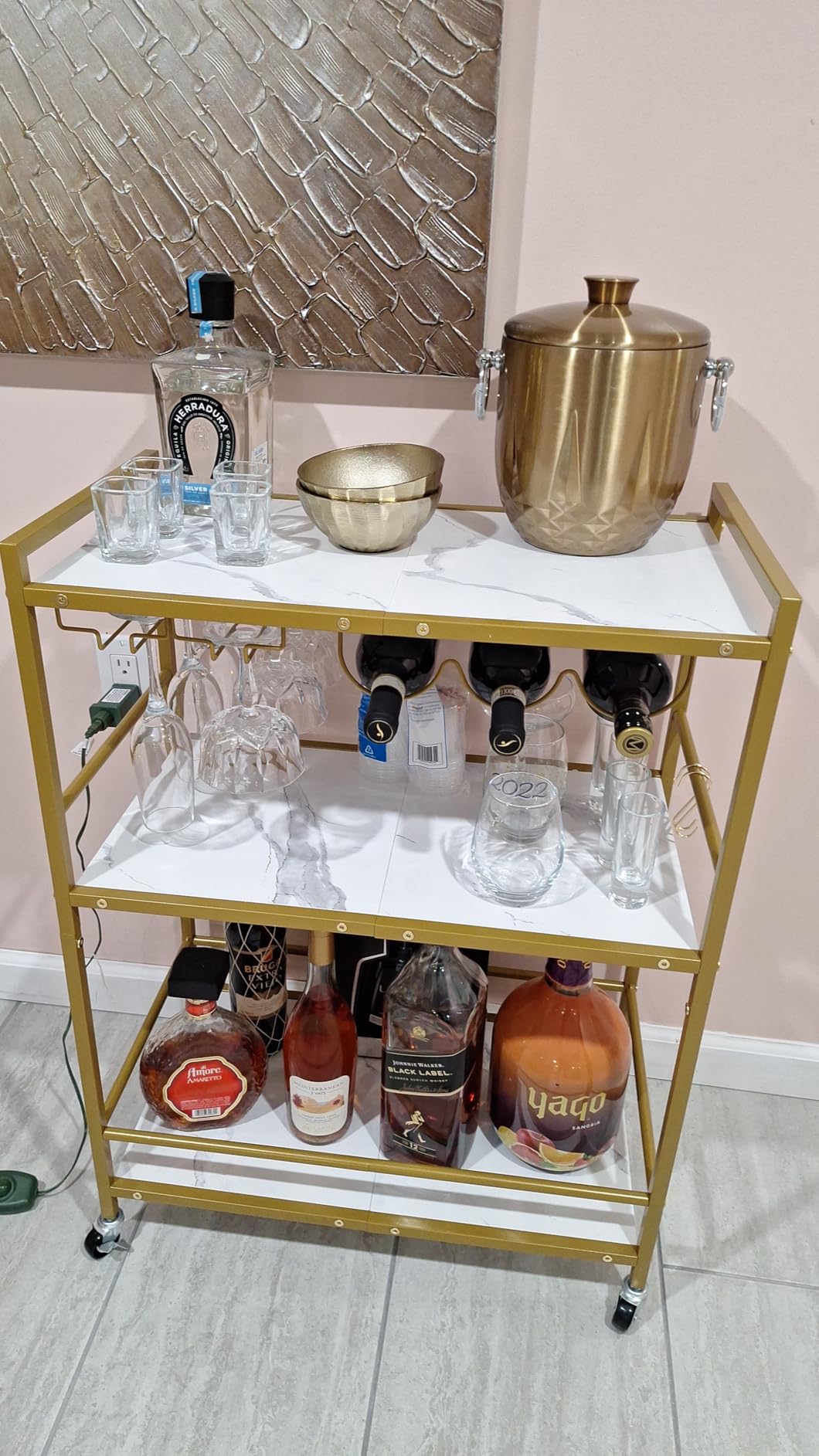 TUTOTAK Bar Cart with Wheels, Drink Cart with Wine Rack and Glass Holder | 3-Tier 23.7 Inch Wide Home Bar Serving Carts, Small Mobile Kitchen Shelf with 6 Hooks, Rustic Brown BC01BB030 customer photo 2