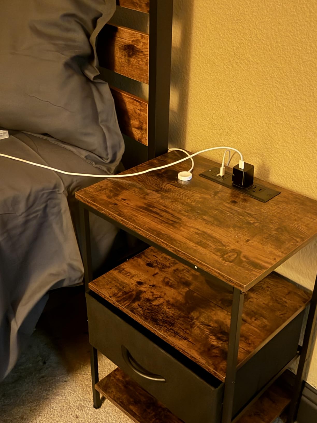 SUPERJARE Nightstand with Charging Station, Bed Side Table with Adjustable Fabric Drawer, Night Stand for Bedroom, 3-Tier Storage End Table, for Living Room, Rustic Brown and Black customer photo 1