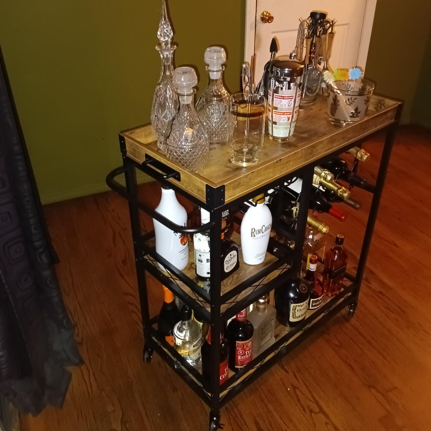 Lifewit 3 Tier Bar Cart with 12 Wine Racks, Serving Trolley, Rustic Brown | Home serving drink cart with removable tray, liquor beverage storage for kitchen dining living room customer photo 2