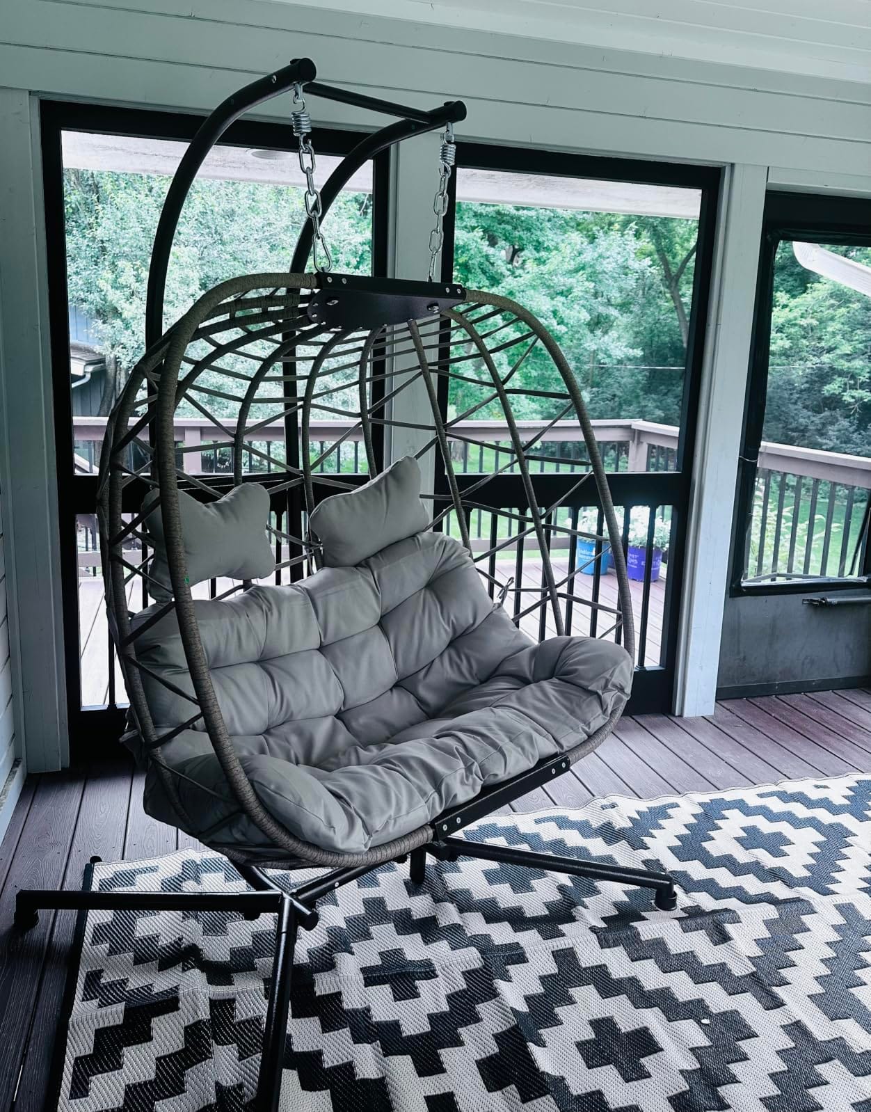 Double Swing Egg Chair with Stand, Extra Large 2 Person Indoor Outdoor Wicker Loveseat, Oversized Patio Hanging Basket Chair with Cushions, Cozy Sturdy Porch Swing for Backyard Balcony, Beige customer photo 1