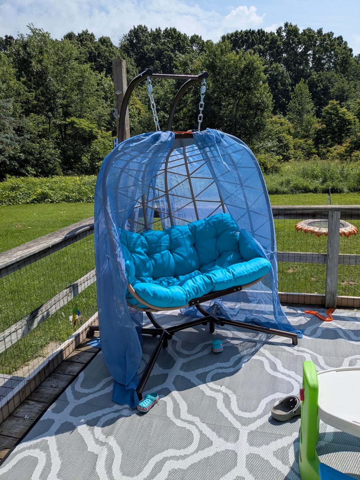 Double Swing Egg Chair with Stand, Extra Large 2 Person Indoor Outdoor Wicker Loveseat, Oversized Patio Hanging Basket Chair with Cushions, Cozy Sturdy Porch Swing for Backyard Balcony, Beige customer photo 2
