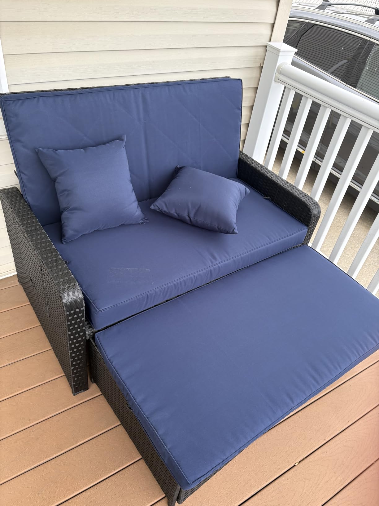 Tangkula Patio Rattan Daybed with 4-Level Adjustable Backrest, Outdoor PE Wicker Loveseat with Storage Ottoman & Folding Side Tray, Double Sunbed Lounger for Balcony, Backyard & Poolside, Navy & Brown customer photo 2