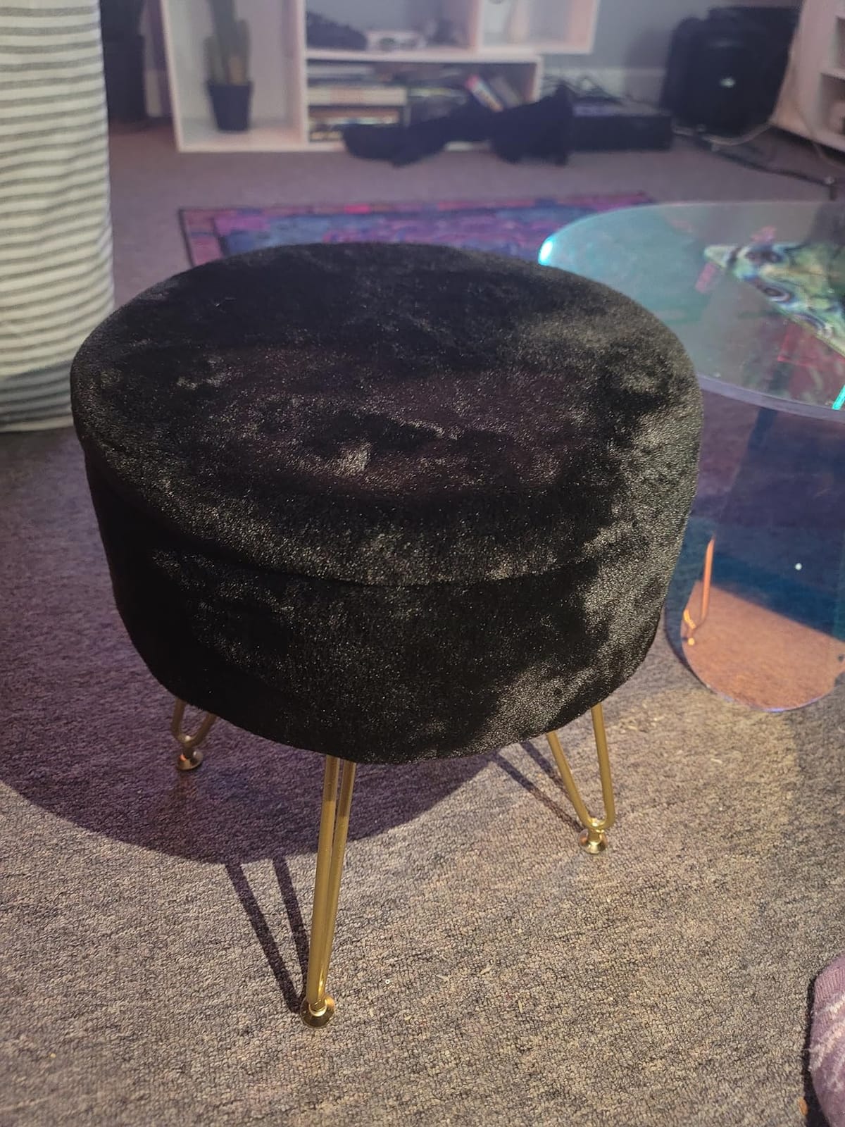 Footrest Footstools Round Faux Fur Ottoman with Storage Space Soft Vanity Chair Seat Coffee Table Ottoman Small Side Table with Adjustable Footings (Green) customer photo 1