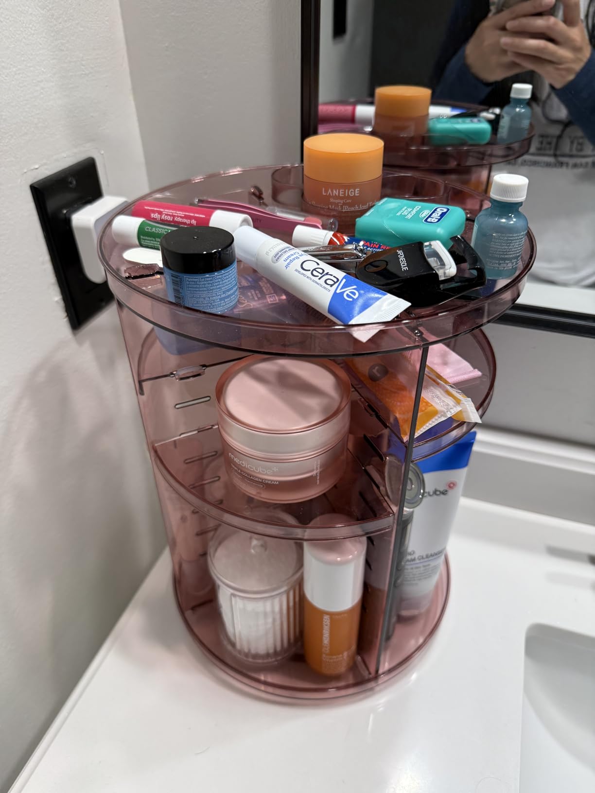 Rotating Makeup Organizer, DIY 8 Adjustable Layers Spinning Skincare Storage, Cosmetic Display Case with Brush Holder and Perfume Tray, Multi-Function Vanity Bathroom Countertop Organizer Clear customer photo 2