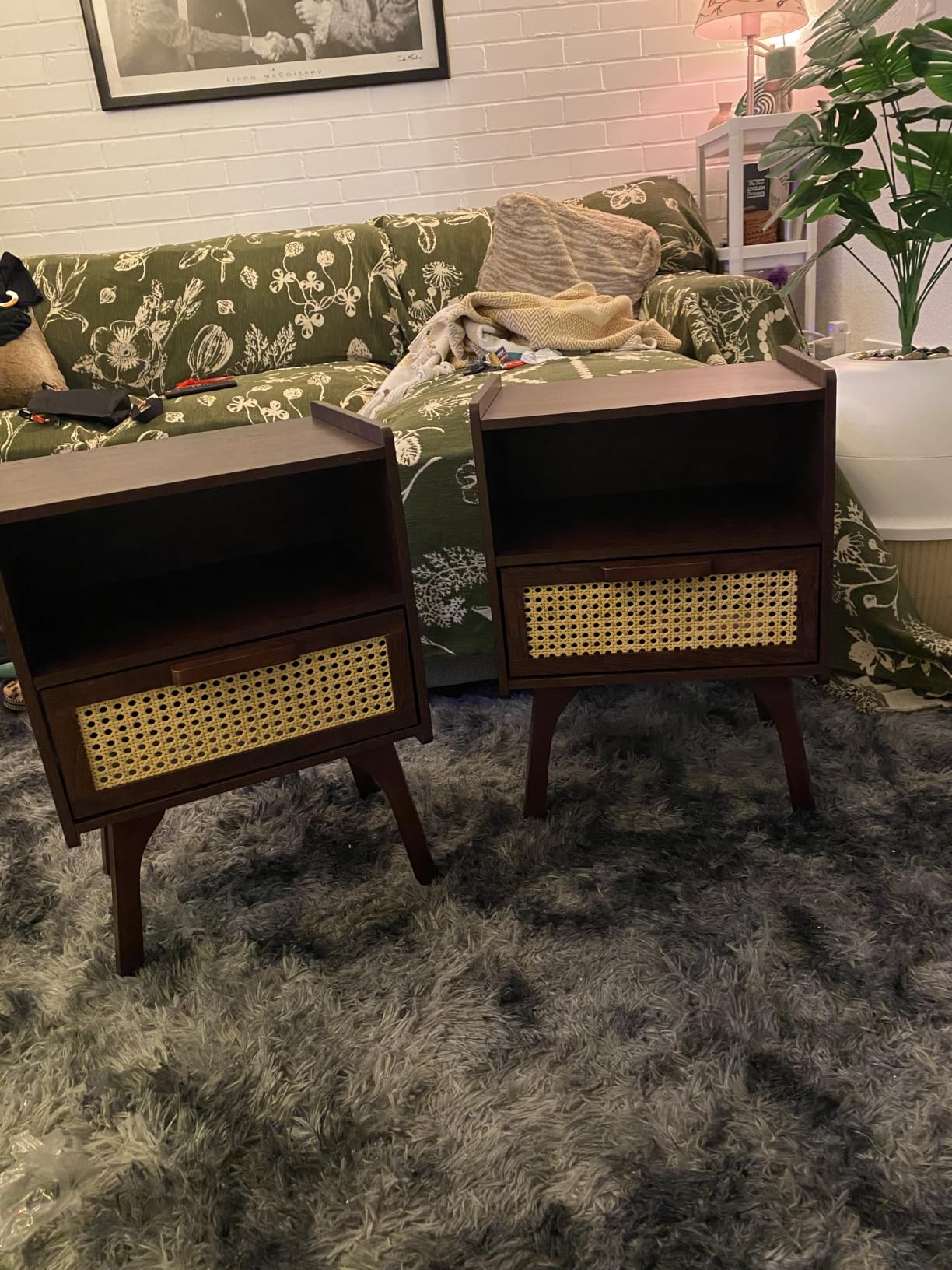 Lerliuo Rattan Nightstand, Boho Side Table with Drawer Open Shelf, Cane Accent Bedside End Table with Solid Wood Legs for Bedroom, Dorm and Small Spaces (Natural) customer photo 1