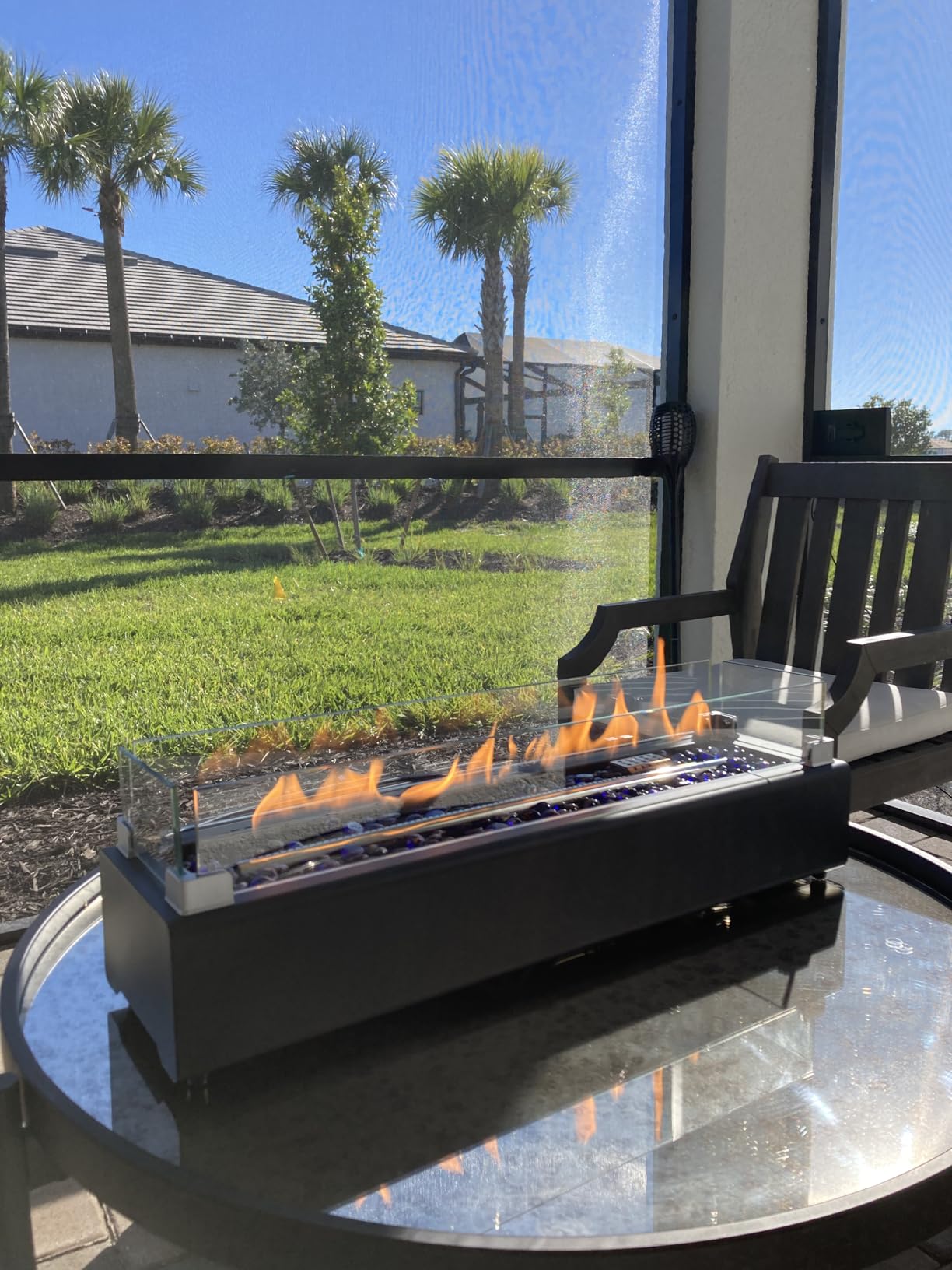 28-inch Table Top Propane Fire Pit, 40,000 BTU Tabletop Firepit for Patio, Outdoor Portable Rectangular Fire Bowl w/Wind Glass Shield, Glass Rocks - Black customer photo 1