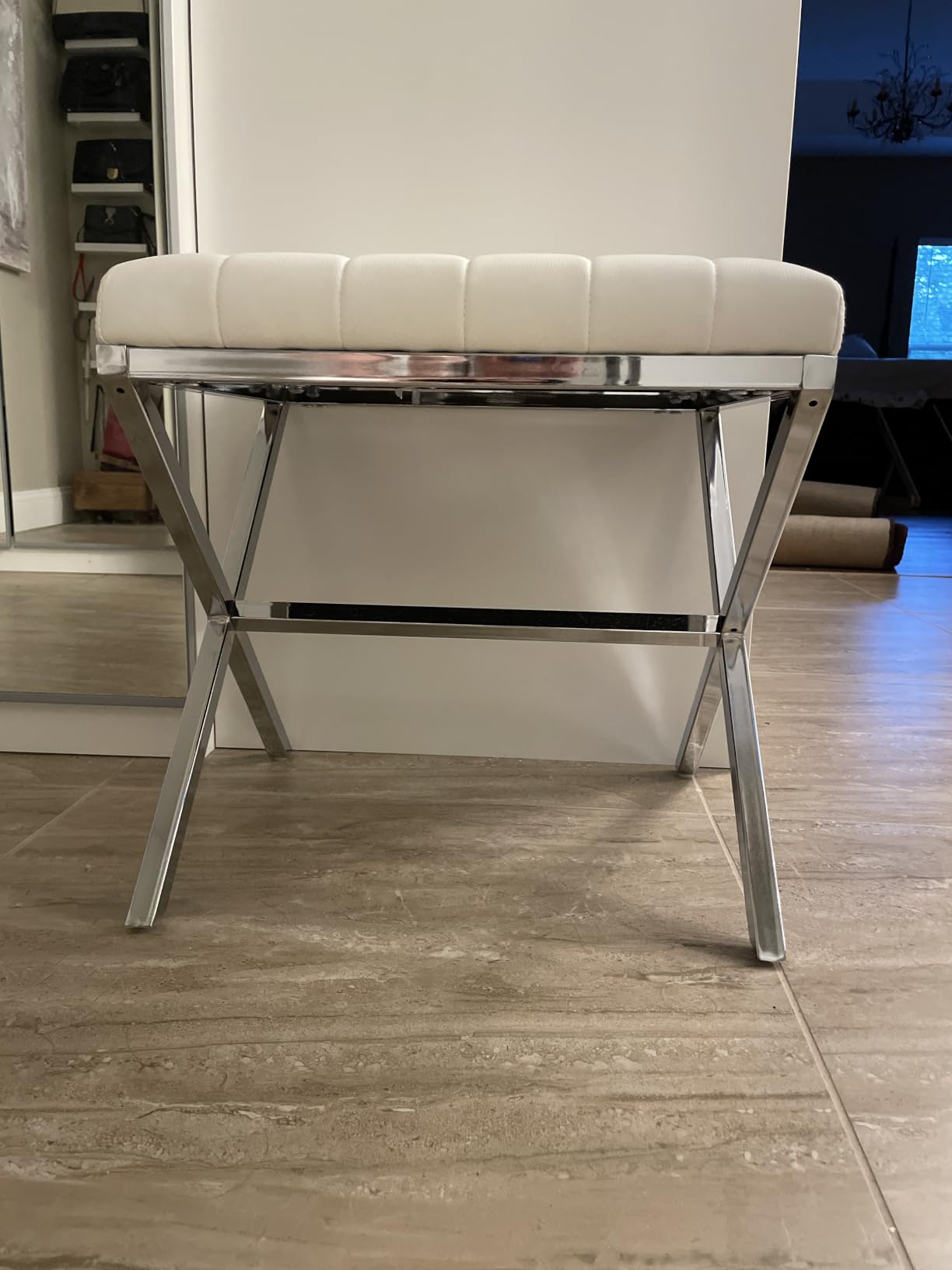 DUHOME Vanity Stool, Modern PU Leather Ottoman Stool Chair for Vanity Bench with Metal X Legs, Rectangle Makeup Stools Padded Foot Rest Ottoman for Makeup Room, Living Room, Bathroom, White customer photo 1