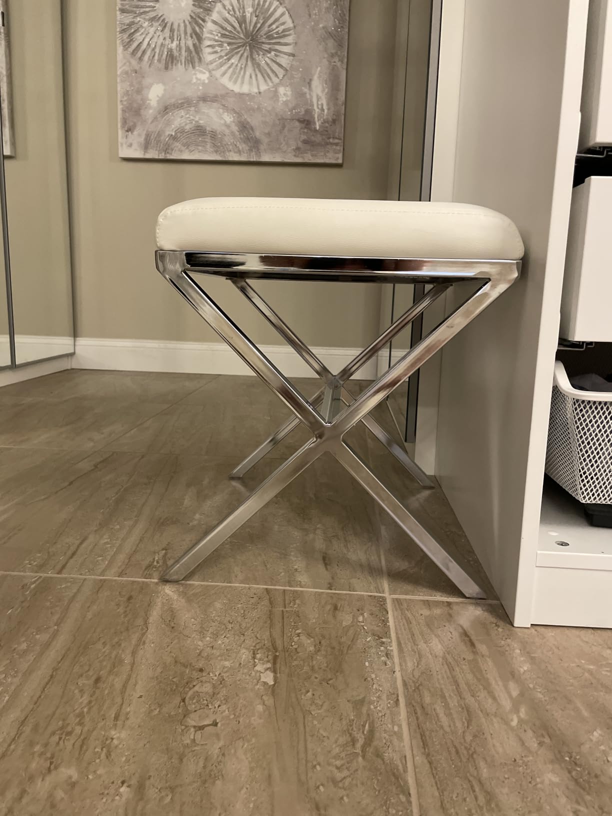 DUHOME Vanity Stool, Modern PU Leather Ottoman Stool Chair for Vanity Bench with Metal X Legs, Rectangle Makeup Stools Padded Foot Rest Ottoman for Makeup Room, Living Room, Bathroom, White customer photo 2