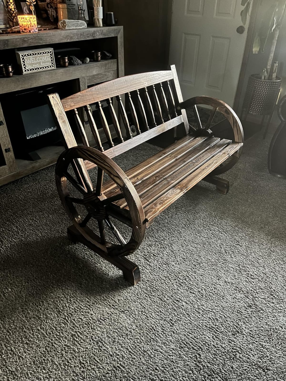 Wooden Garden Bench Seats 2 Person Carbonized for Garden, Outdoor Rustic Wagon Wheel Bench with Armrest & Fir Construction for Porch Backyard Patio Park customer photo 1