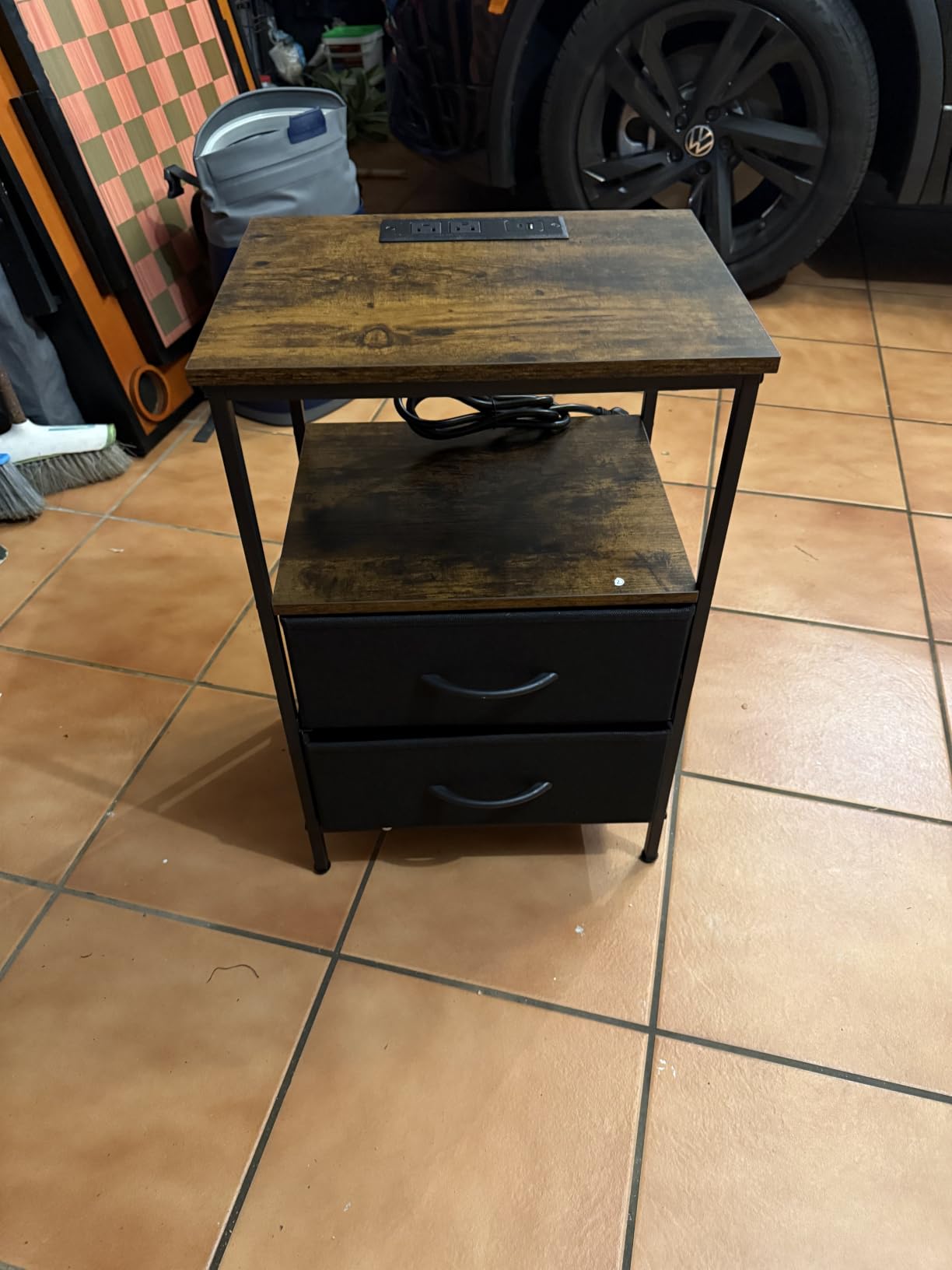 Huuger Nightstand with Charging Station, Side Table with Fabric Drawers | End Table with Open Shelf, Bedside Table with USB Ports and Outlets, Night Stand for Bedroom, Rustic Brown and Black customer photo 1