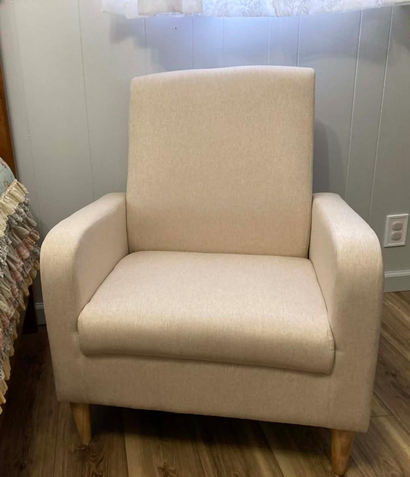 COLAMY Mid-Century Modern Upholstered Accent Chair with Back Pillow & Solid Wood Legs, Fabric Cozy Armchair for Living Room, Bedroom, Reading Nook, Apartment & Small Spaces, Beige customer photo 2