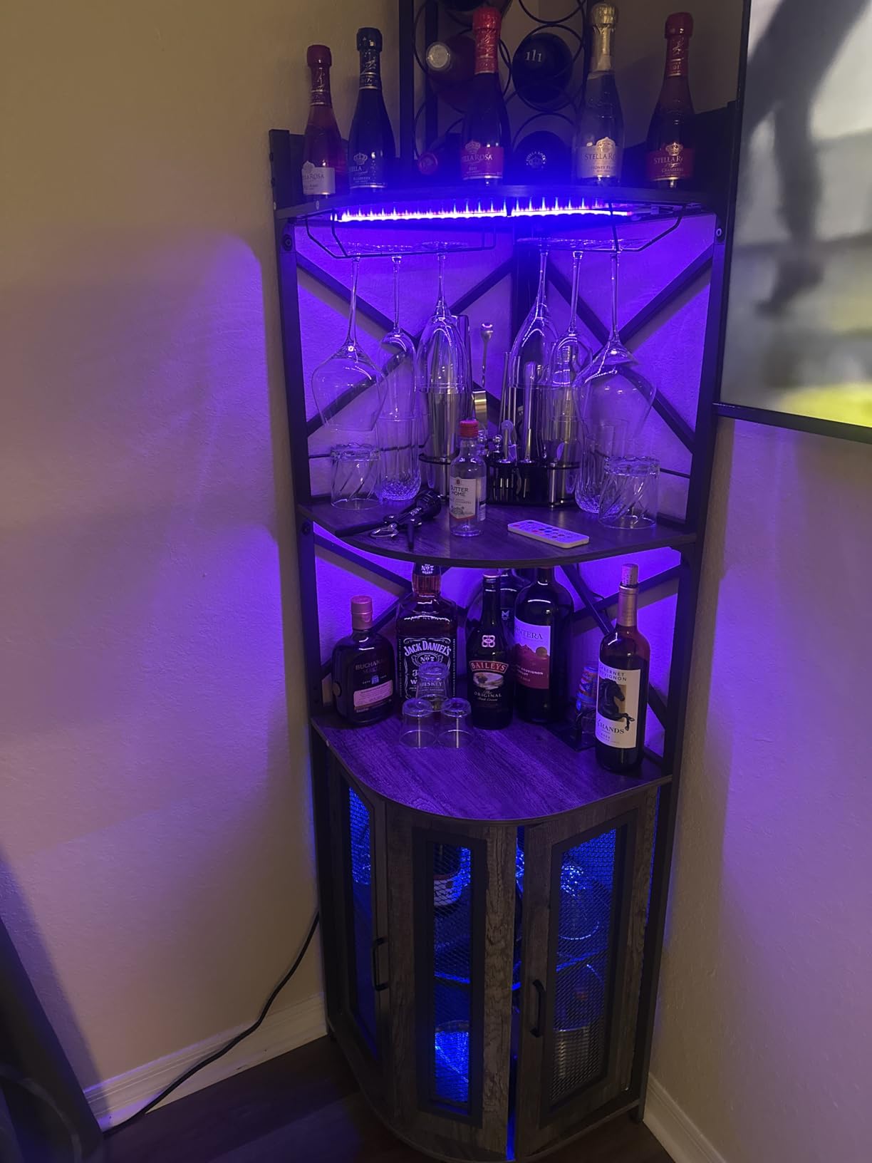 Aheaplus Corner Bar Cabinet with Power Outlet, Industrial Liquor Cabinet | 5-Tiers Wine Cabinet Mini Bar Unit with LED Strip and Glass Holder for Home, Corner Display Cabinet for Small Space, Black customer photo 1