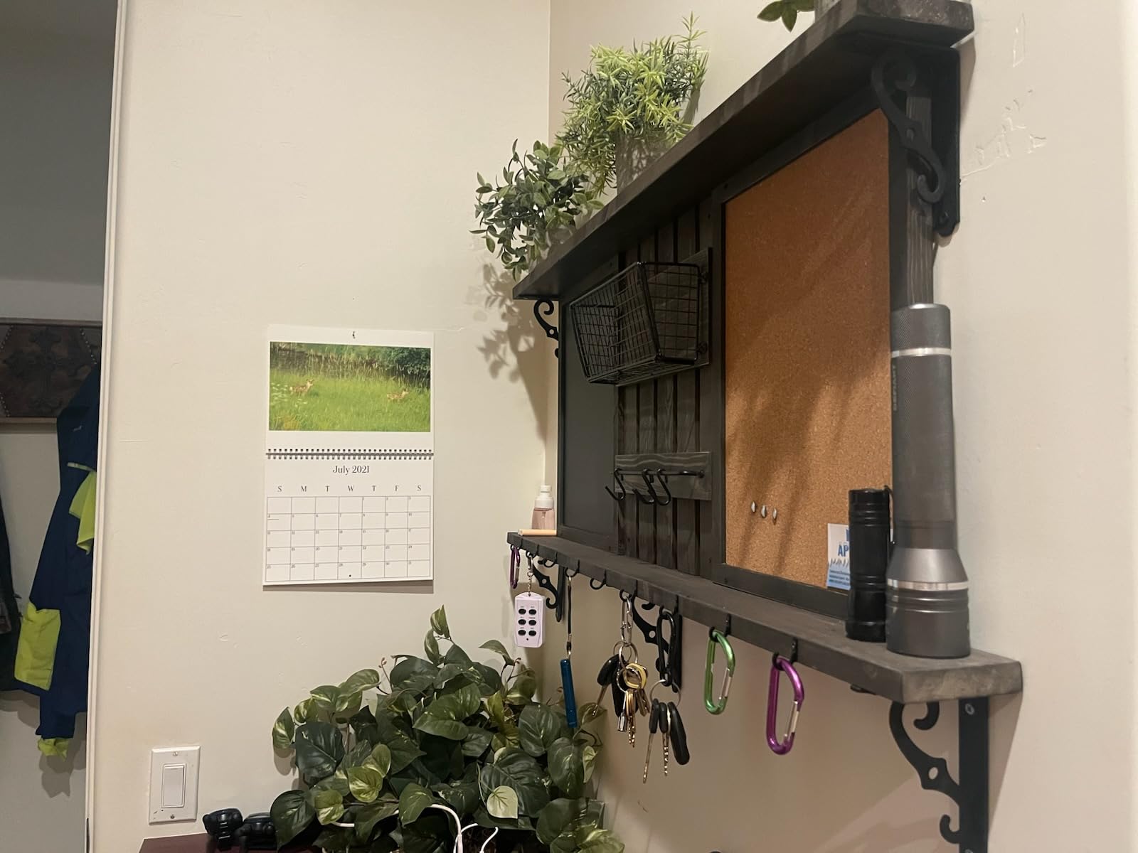 MyGift 3 Panel Wall Mounted Entryway Bulletin Board Combo Set | Rustic Burnt Solid Wood Frame with a Chalkboard, Cork Board, Black Metal Mail Basket, and Hanging Rail Message Display Office customer photo 2