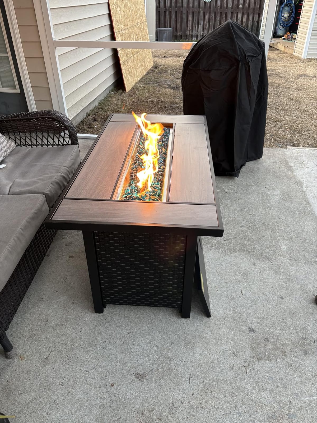 45 Inch Propane Fire Pit Table, 50,000 BTU Outdoor Gas Fire Pit for Patio & Backyard, 2-in-1 Firepit Dining Table with Glass Wind Guard, Blue Glass Rocks & Waterproof Cover customer photo 2