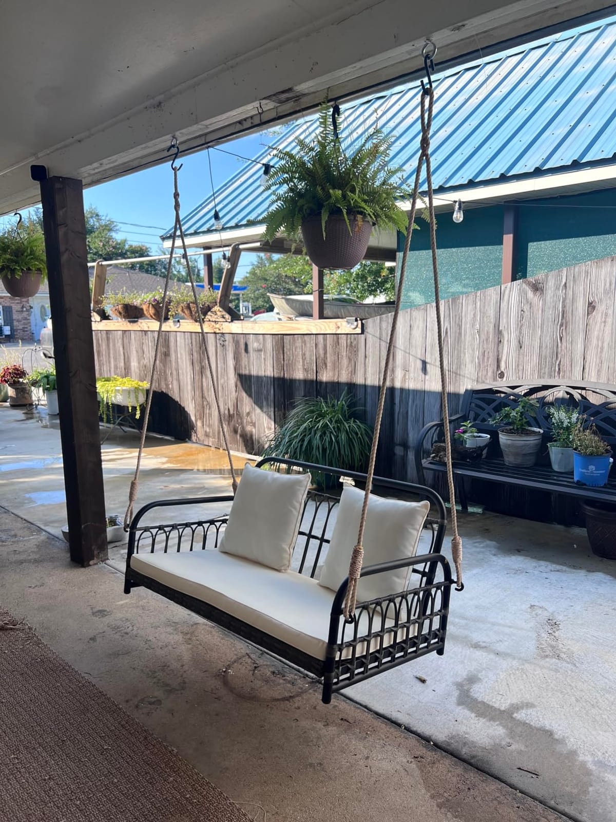Tangkula Outdoor Wicker Porch Swing, 2-Person Hanging Seat with Seat & Back Cushions, Heavy-Duty Metal Frame & 2 Sturdy Hanging Ropes, Wicker Woven Swing Loveseat for Front Porch, Backyard (Off White) customer photo 1