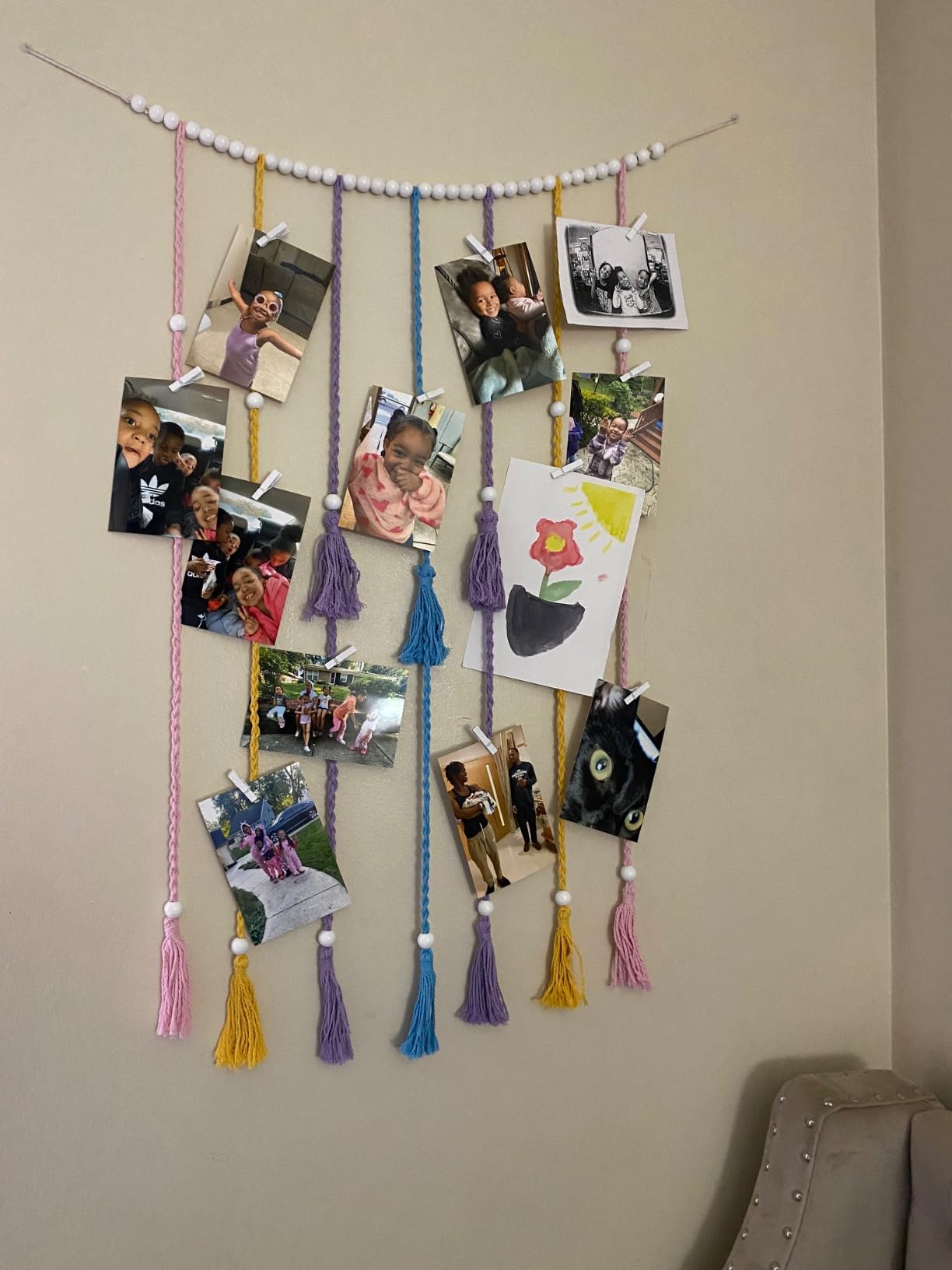 Mkono Hanging Photo Display, Boho Decor with String Lights, 30 Wood Clips | Ivory, Room Decor for Teen Girls, Macrame Wall Decor, Aesthetic Cards Artwork Holder, Bedroom Nursery Living Room Dorm customer photo 1
