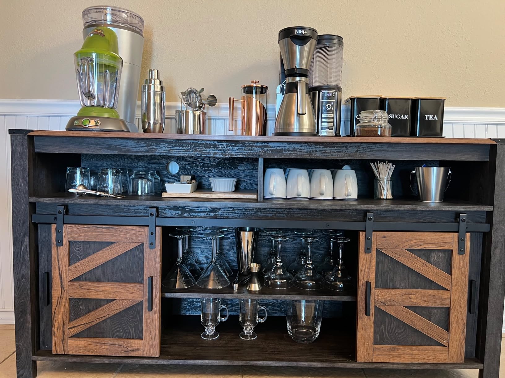WAMPAT Farmhouse Buffet Cabinet Sliding Barn Doors, Antique Black & Brown, 59