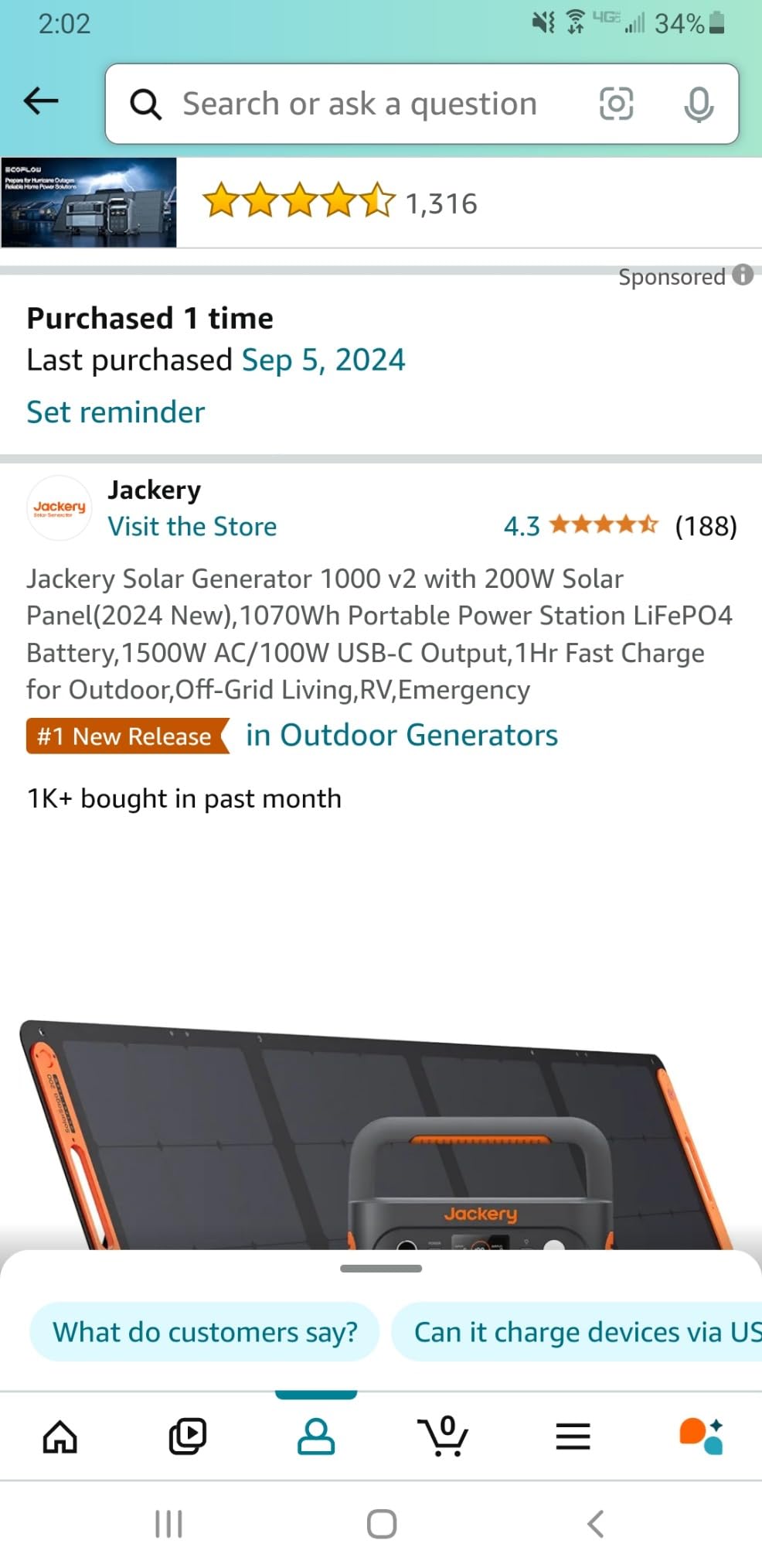 Jackery Solar Generator 1000 v2 and 200W Solar Panel,1070Wh,1500W AC customer photo 1