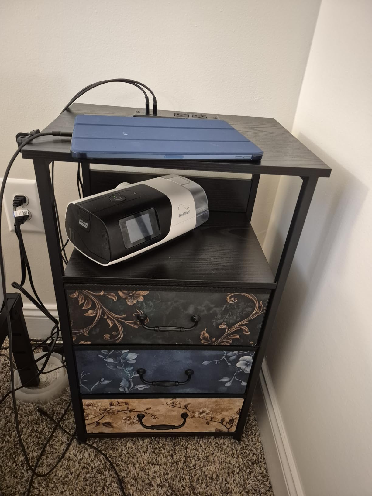 Fixwal Night Stand with Charging Station, Black LED Nightstand, 2 Drawers | fabric drawer, built-in bedside charger, 2 AC outlets & 2 USB ports, open top shelf, small bedroom furniture, end table customer photo 2