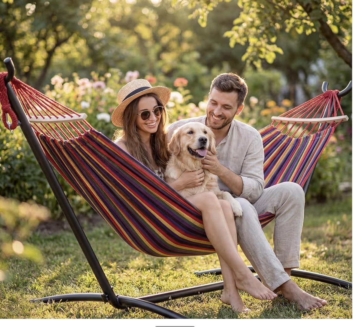 Everyfun Double Hammock with Stand for 2 Person, 600 lbs Heavy Duty Cotton Bed with Steel Stand, Free Standing for Outdoor Indoor Patio, Carrying Bag Included customer photo 2