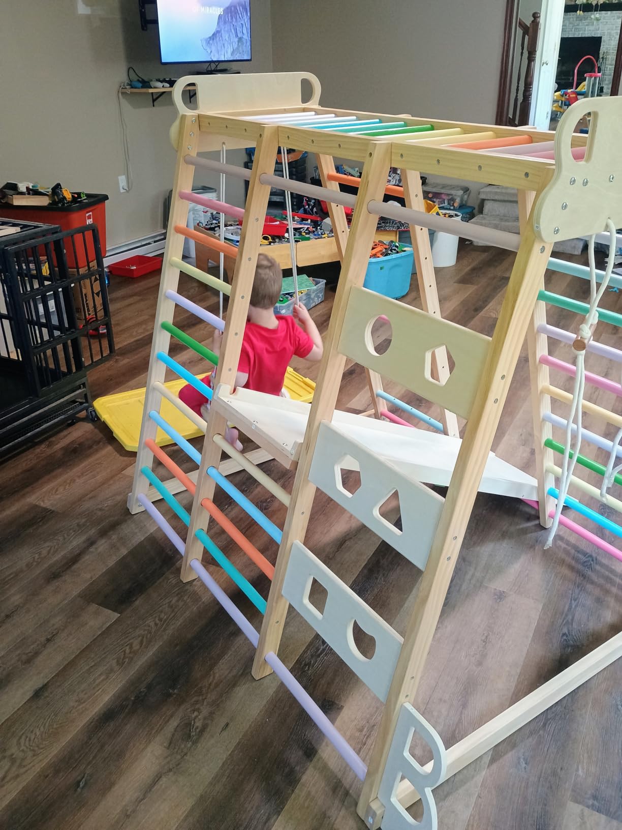 BlueWood Upgraded Indoor Jungle Gym 9-in-1 Playground Kids Climbing Toys | Waldorf Style Wooden Climber Playset with Slide, Swing, Monkey Bars, Upright/Rope Ladder, Climb Net, Rainbow customer photo 2