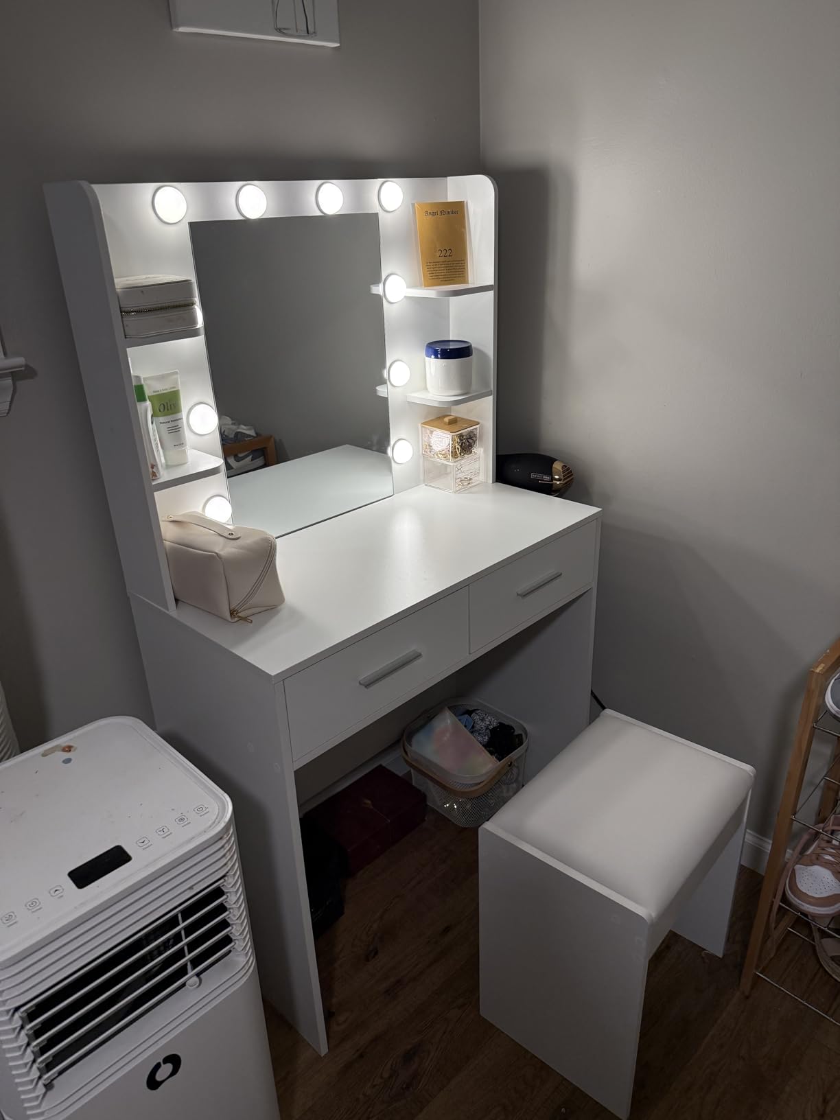 Furmax Make up Vanity Desk with Mirror and Power Outlet, Vanity with 3 Color Light Options Adjustable Brightness, Vanity Desk with 2 Drawers, 6 Storage Shelves (White, with Bench) customer photo 1