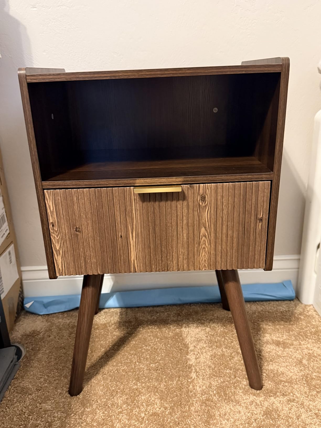 JOONEE Nightstand,Modern Bedside Table with Storage Drawer and Open Wood Shelf, for Living Room, Bedroom and Small Spaces, Accent Night Stand with Solid Wood Legs, Easy Assembly,Walnut Brown customer photo 2