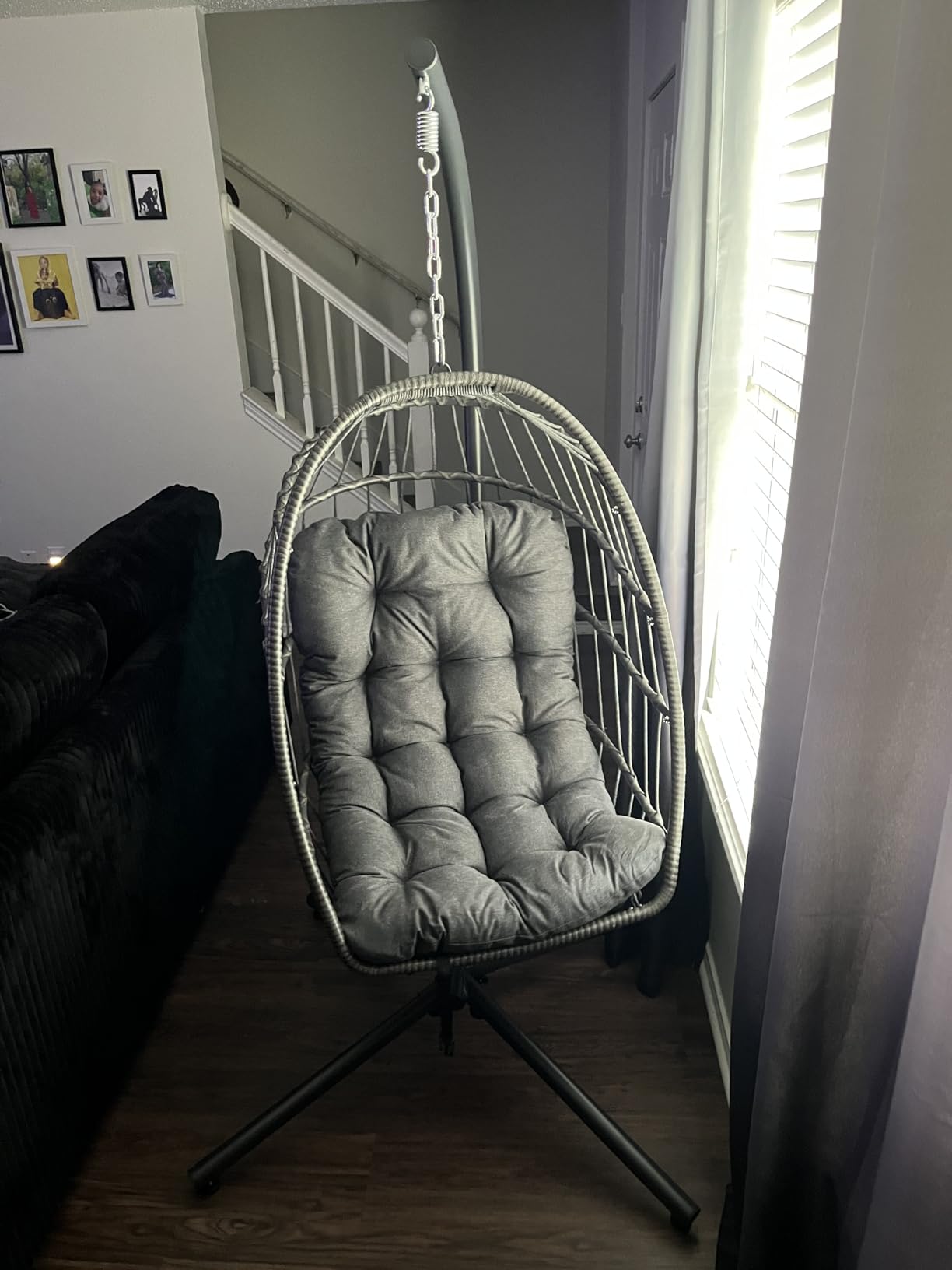 Egg Chair Outdoor with Stand, Indoor Wicker Hanging Egg Swing, Grey | Patio Swinging Chair with Thick Cushion, Egg Shaped Swing for Bedroom Porch Balcony customer photo 2