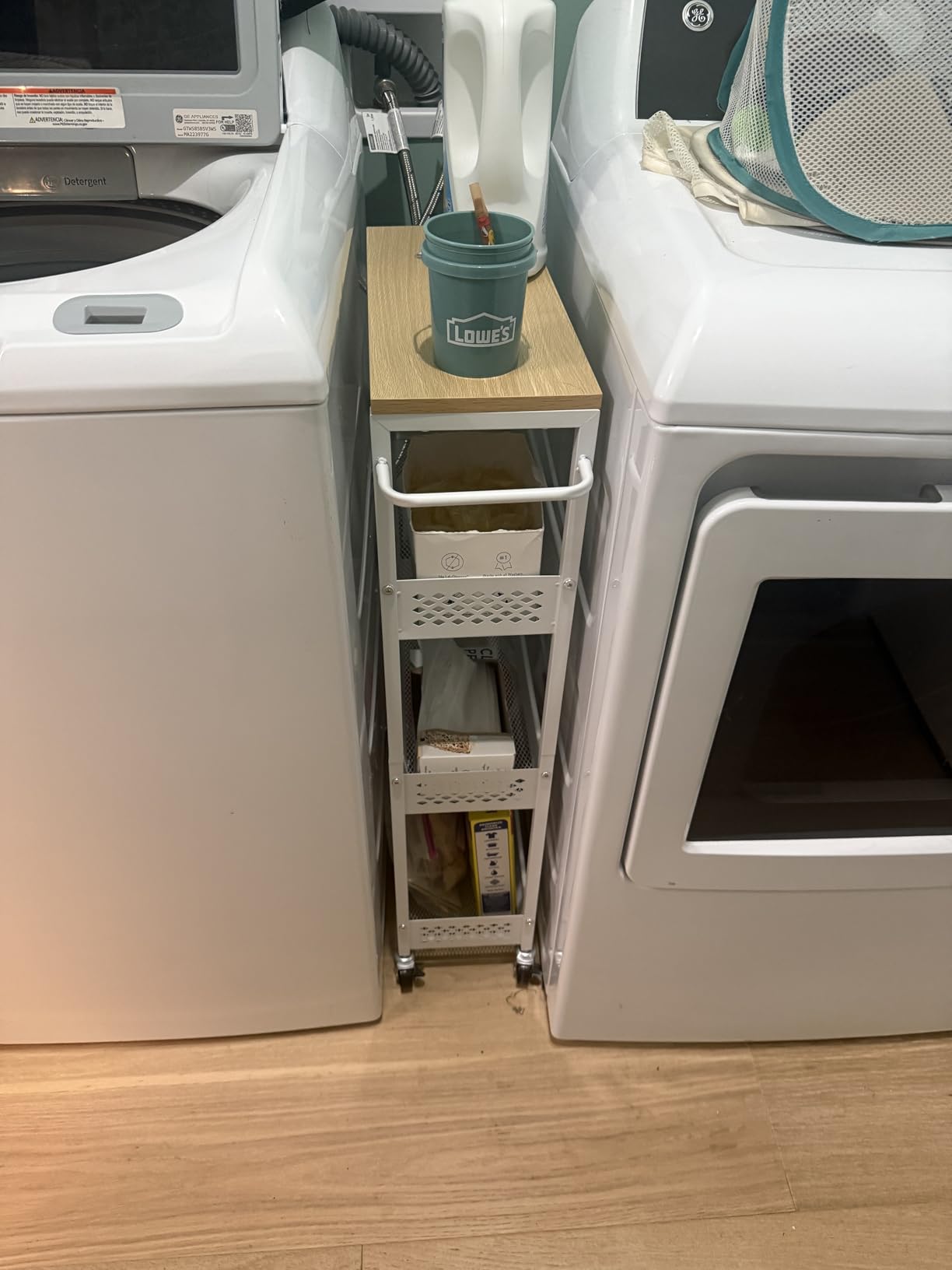 OKZEST 4-Tier Slim Rolling Storage Cart for Bathroom, Laundry Room, Kitchen | Upgraded metal hub casters, Narrow utility cart for small space/gaps, Premium wood top & metal mesh shelf, with handle & hook customer photo 1