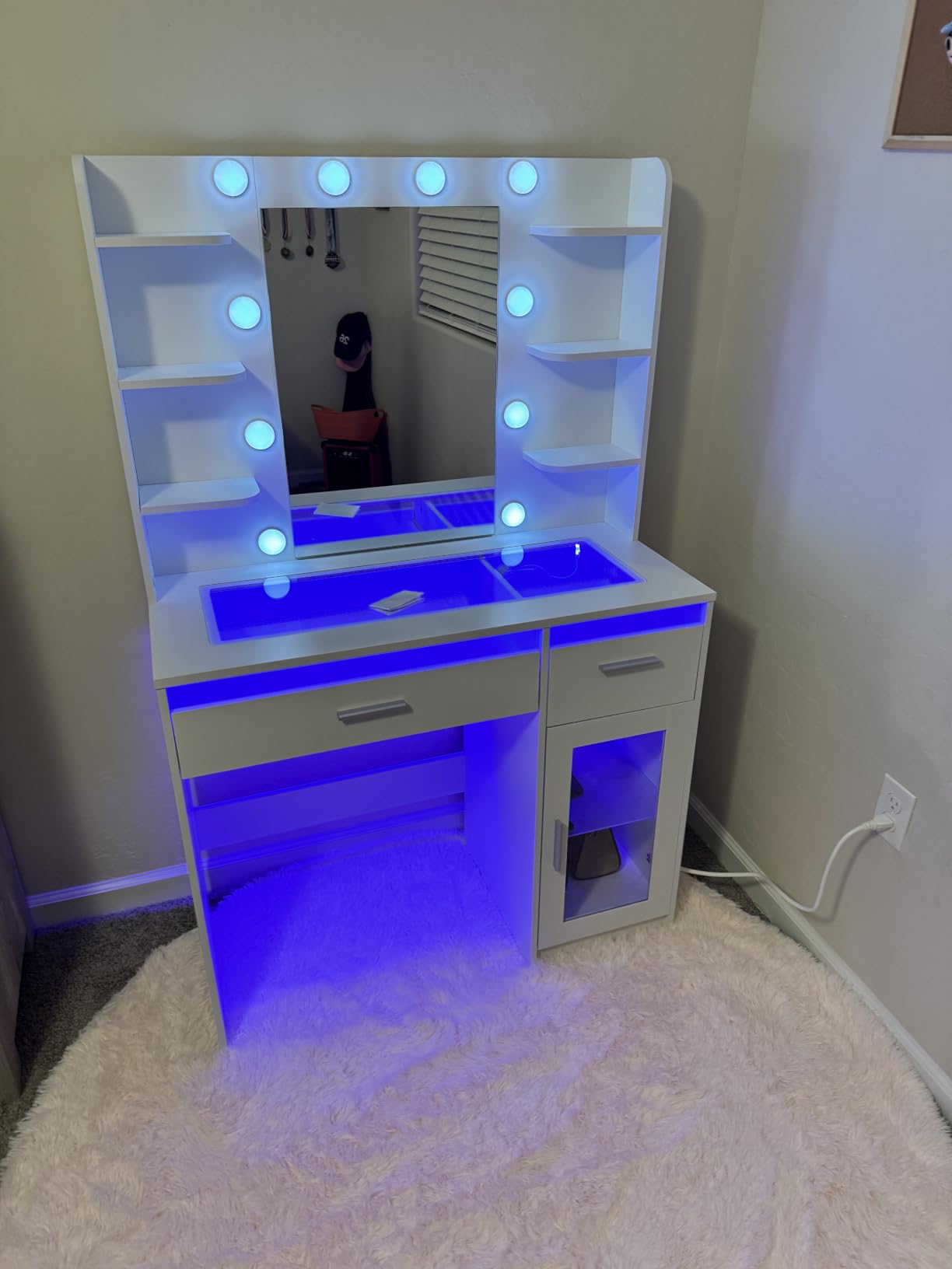 HUAHUU Vanity Desk with Mirror and Lights, Makeup Vanity Desk with Lights 3 Colors, Transparent Top Vanity with 2 RGB Drawers, 6 Shelves, Large Tempered Cabinet, Power Outlet, for Bedroom, White customer photo 1