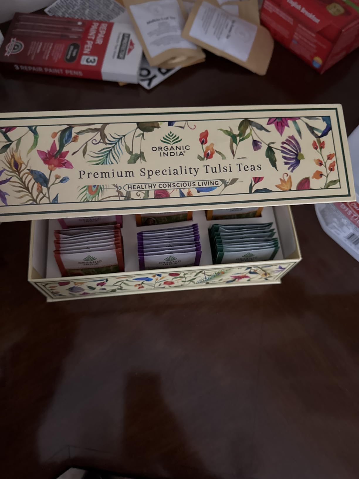 Organic India Tea Sampler Box Variety Pack - Tulsi Herbal Tea Gift Set, Hot Tea Assortment, Holy Basil, Ashwagandha, Turmeric Ginger, Sweet Rose, Original, Sleep, Masala Chai - 60 Tea Bags customer photo 1