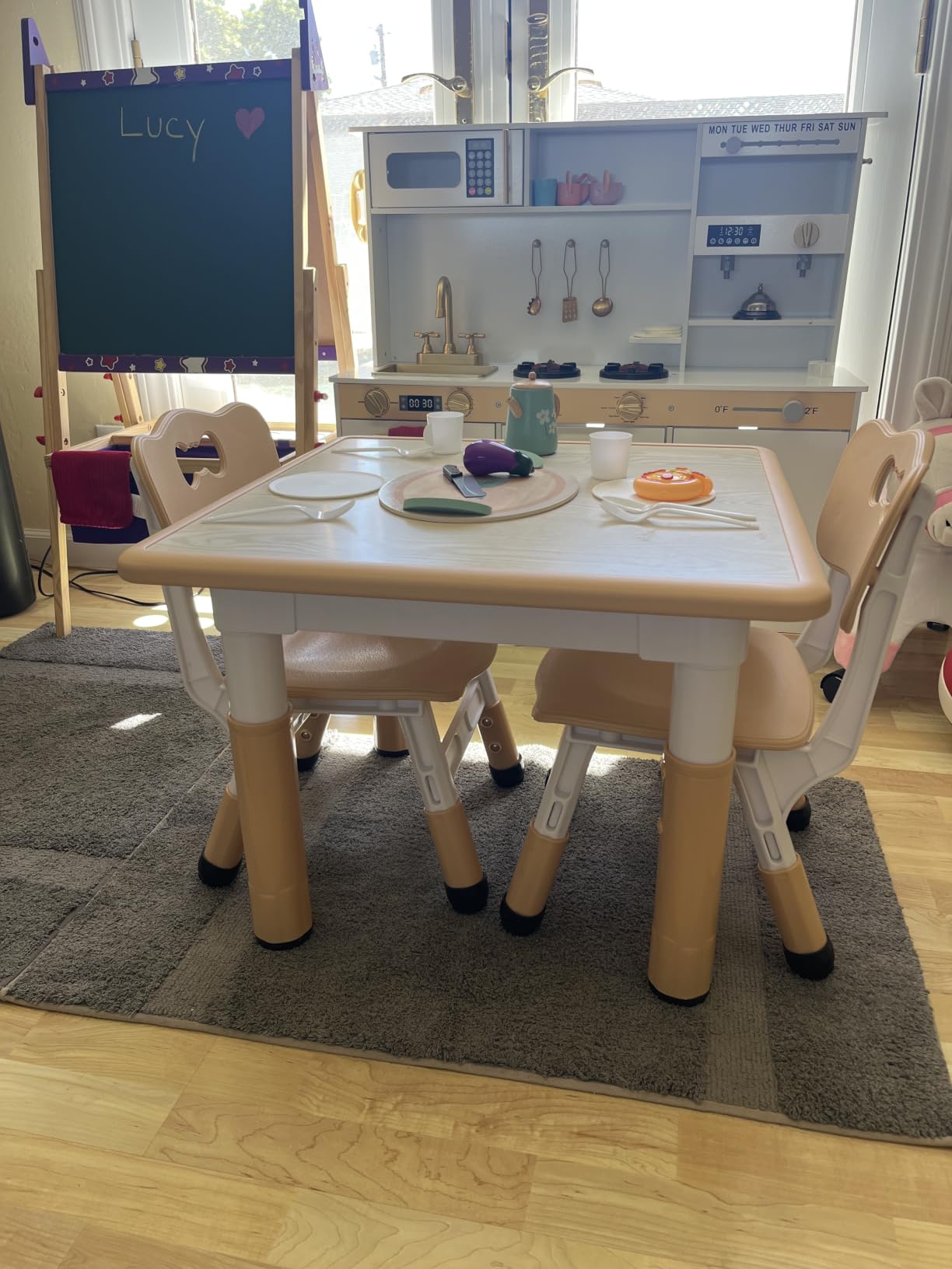 Brelley Height Adjustable Toddler Table and 2 Chairs Set, Beige | Table Supports 280 lbs, Drawing Activity Desk, Classroom/Daycare/Home, Children Multi-Activity Table for Ages 3-8 customer photo 1