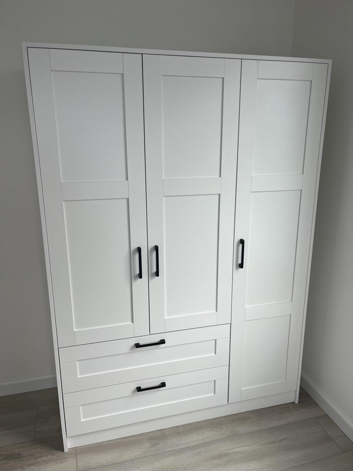 Fenghua Lizhi 3 Doors Wooden Wardrobe Closet Armoire, White Storage Cabinet for Hanging Clothes, Bedroom Large Capacity Freestanding Armoire, Wood Wardrobe Combination with Shelves (2drawer, White) customer photo 1