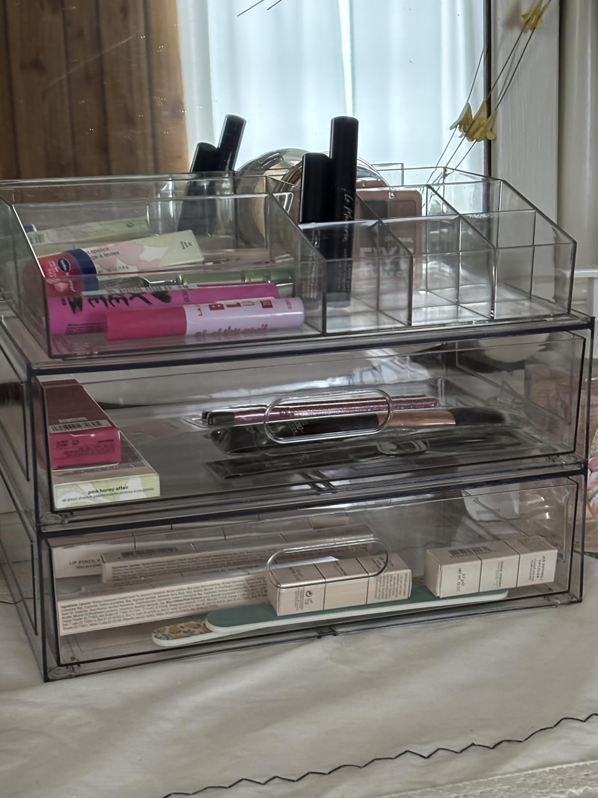 Clear Stackable Makeup Organizer with Drawer, 12''W Acrylic Storage Drawers, Cosmetic Display Case for Vanity Bathroom Countertop, Beauty Holder for Lipstick Brush Skincare Perfume customer photo 1