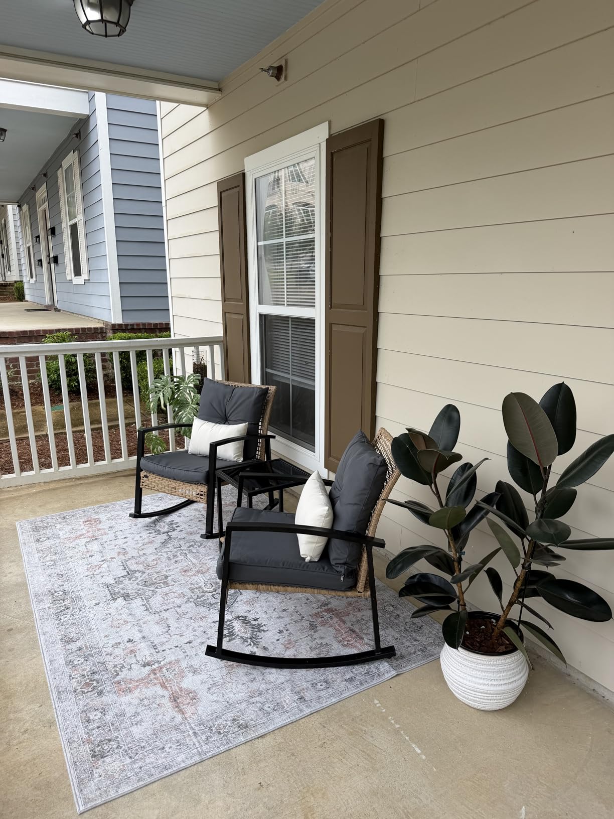 3 Piece Patio Rocking Chairs Set of 2, Outdoor Rocking Chair Bistro Set with Tempered Glass Coffee Table and Thick Lumbar Pillow Set, Front Porch Chairs for Garden, Backyard, Poolside (Beige) customer photo 2