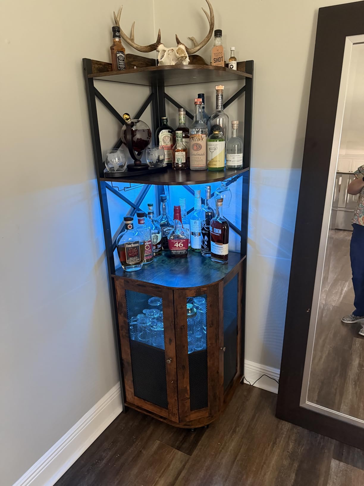 JKsmart Corner Bar Cabinet with LED Lights, 5-Tier Industrial Wine Bar Cabinet with Glass Holder, Farmhouse Liquor Cabinets with Shelf and Door, Home Bar for Coffee Bars, Black customer photo 1