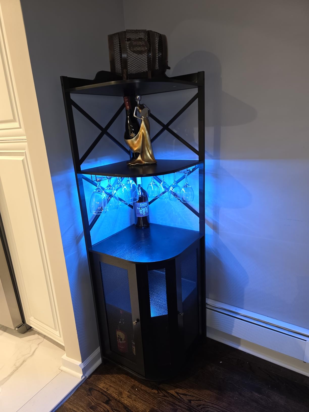 JKsmart Corner Bar Cabinet with LED Lights, 5-Tier Industrial Wine Bar Cabinet with Glass Holder, Farmhouse Liquor Cabinets with Shelf and Door, Home Bar for Coffee Bars, Black customer photo 2