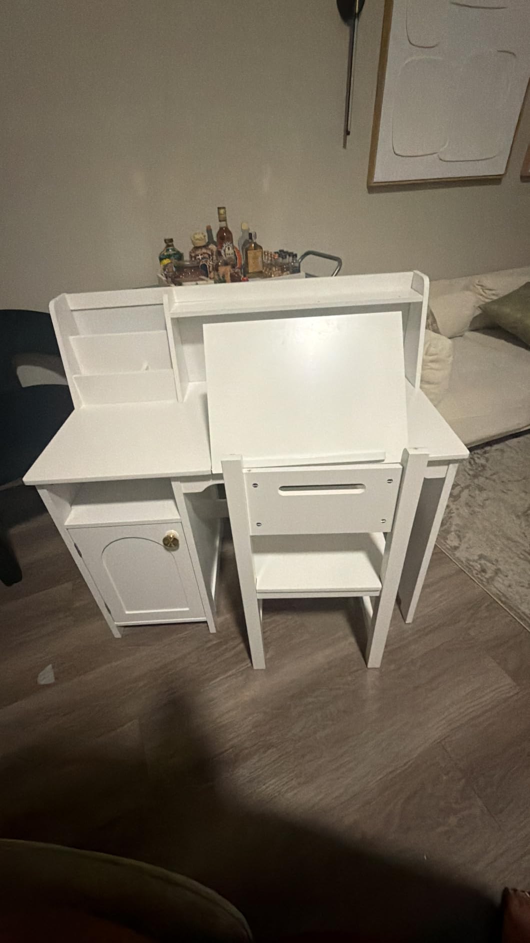 Treocho Kids Study Desk and Chair Set, Kids Desk with Hutch and Tiltable Desktop for 3-8 Years Old, Wooden Children Study Table with Storage Cabinet, Student Writing Desks Bedroom, Home School, White customer photo 1