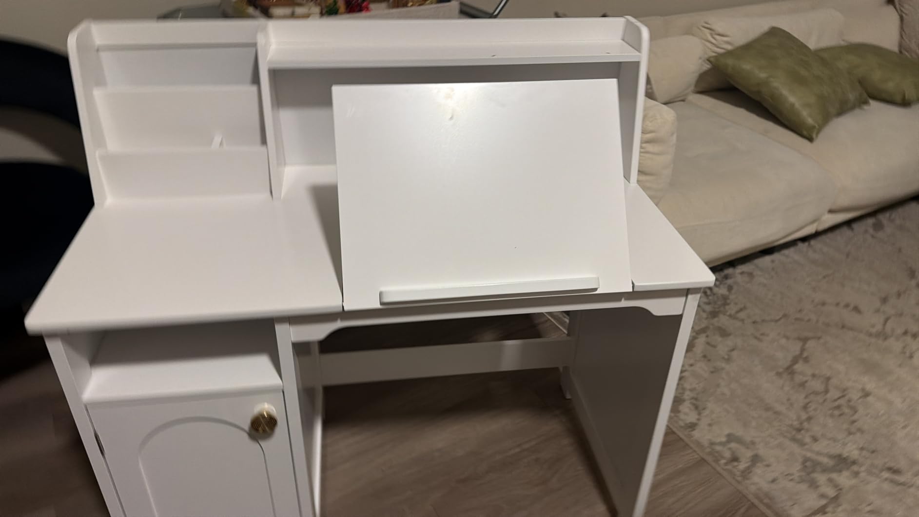 Treocho Kids Study Desk and Chair Set, Kids Desk with Hutch and Tiltable Desktop for 3-8 Years Old, Wooden Children Study Table with Storage Cabinet, Student Writing Desks Bedroom, Home School, White customer photo 2