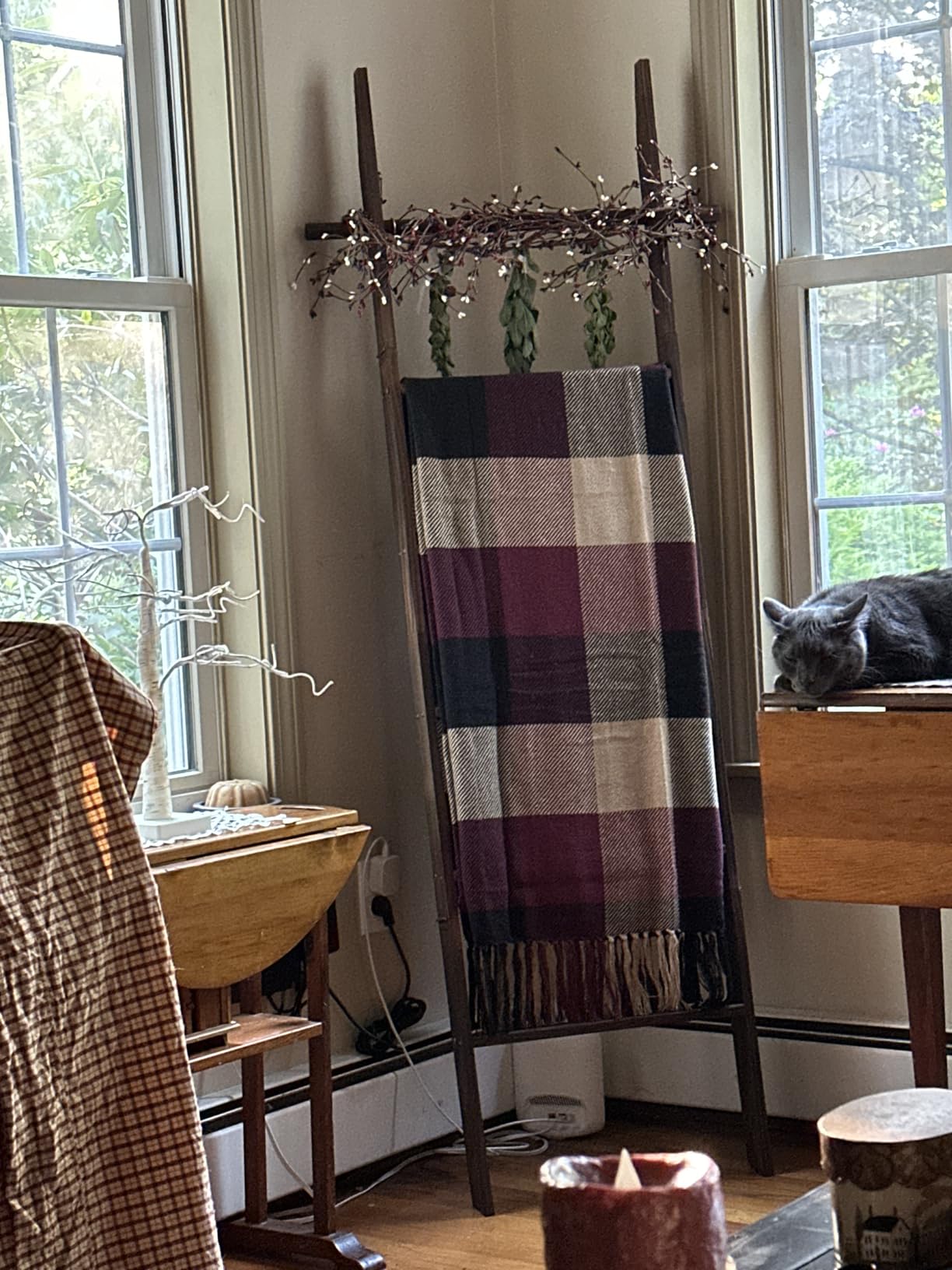 Farmhouse Wooden Blanket Ladder with Removable Hooks, 6-Tier Rustic Blanket Rack Decorative Stand, Leaning Towel Quilt Rack Holder for Bathroom Living Room Decor Brown customer photo 1