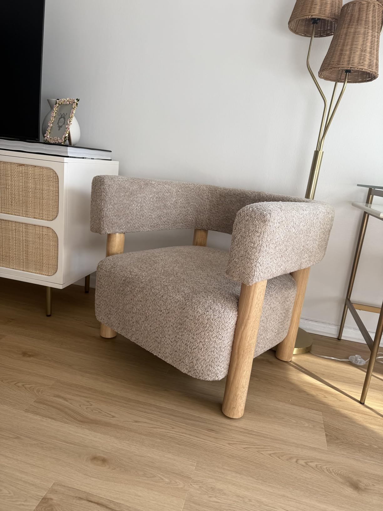 Christopher Knight Home Carly Low Profile Accent Chair, Round Backrest Side Chair, Living Room Armchair with Boucle Fabric Cushion, Comfy Reading Chair for Bedroom, Wooden Single Lounge Sofa, Light Camel customer photo 1