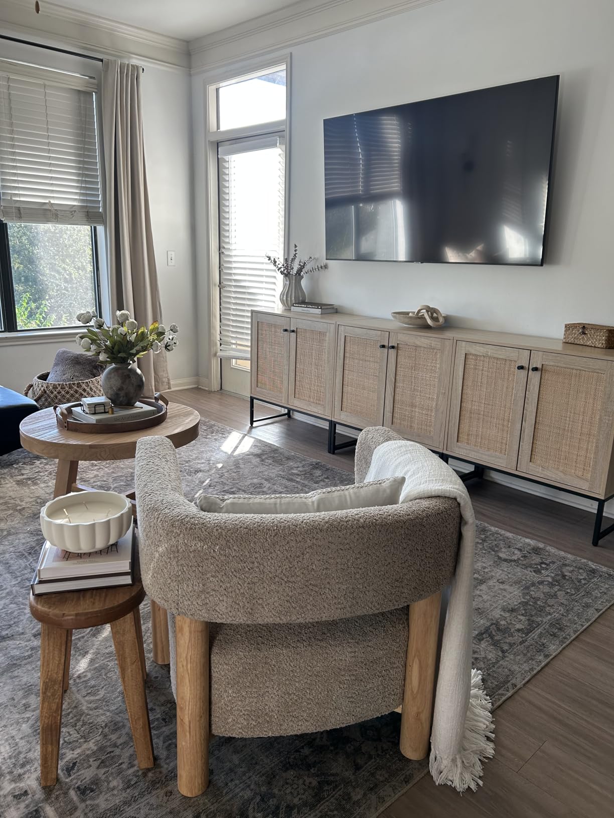 Christopher Knight Home Carly Low Profile Accent Chair, Round Backrest Side Chair, Living Room Armchair with Boucle Fabric Cushion, Comfy Reading Chair for Bedroom, Wooden Single Lounge Sofa, Light Camel customer photo 2
