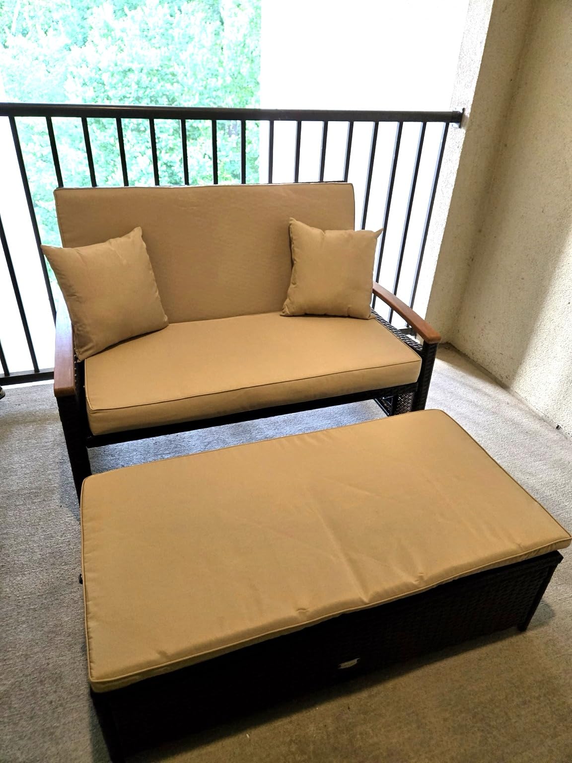 COSTWAY Patio Rattan Daybed, Outdoor Loveseat Sofa with Storage Ottoman, 4-Level Adjustable Backrest & Acacia Wood Armrest, Outdoor Wicker Daybed with Side Panels for Yard, Deck, Poolside (Beige) customer photo 2