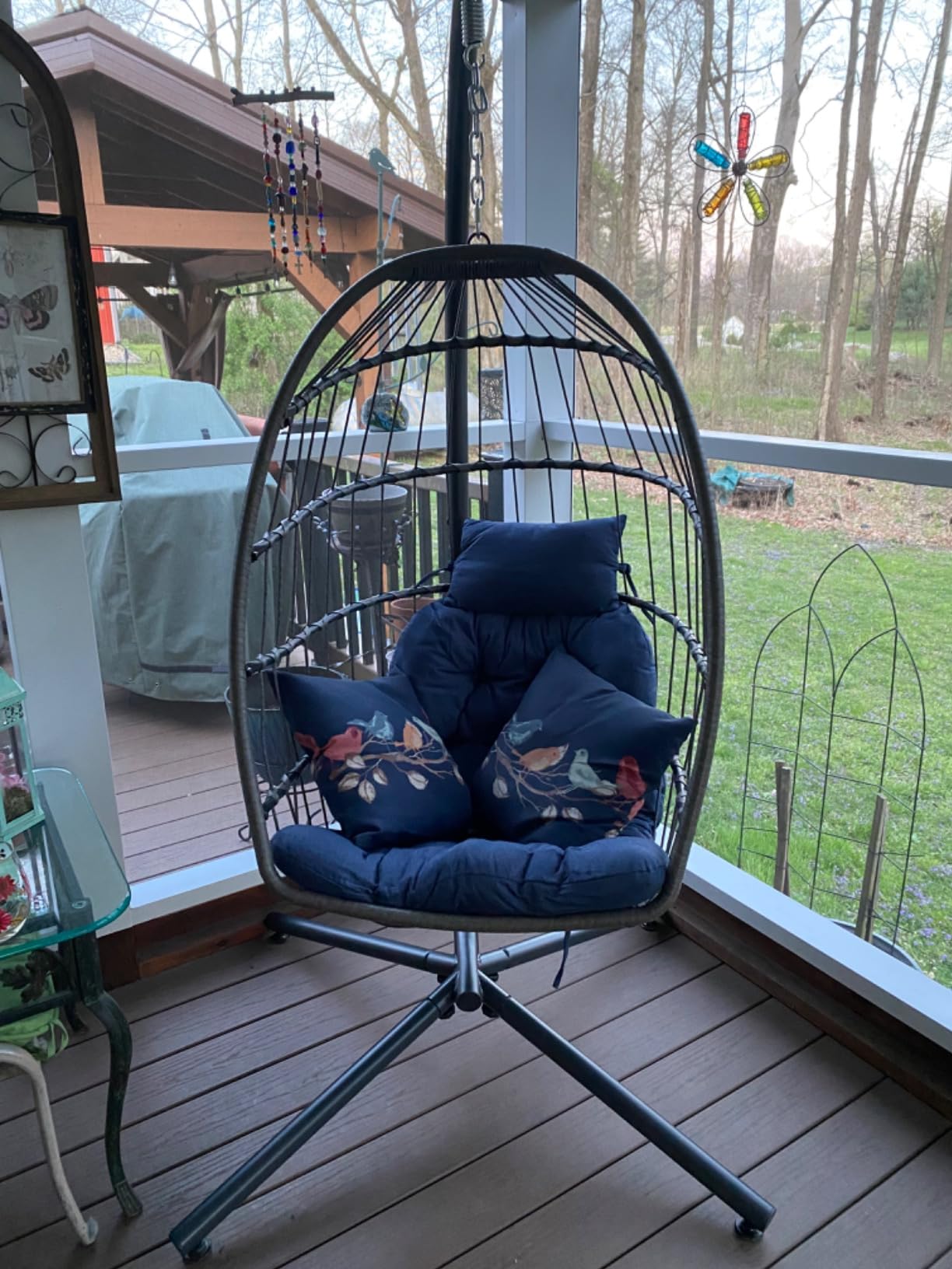 Hanging Egg Chair with Stand Outdoor, Wicker Patio Swing, Grey | Indoor Comfy Swinging Chair with Cushion, 400 LBS Capacity, Heavy Duty Egg Shaped Hammock Chairs for Outside Porch, Bedroom customer photo 2