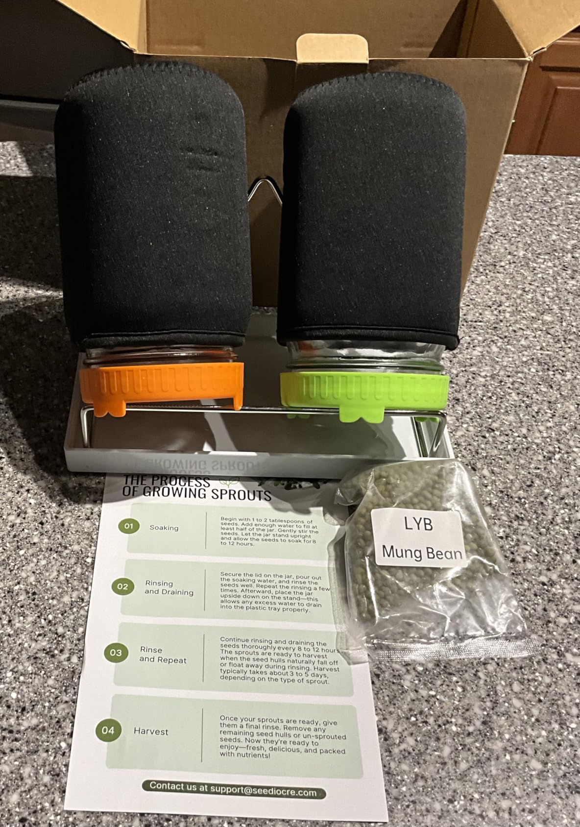 Seed Sprouting Kit with Mung Beans 80g, 2 Large Wide Mouth Mason Jars with Sprout Lids, Blackout Sleeves, Drain Tray, Stainless Steel Stand, Sprouts Growing Kit for Growing Bean Alfalfa Sprout Seeds customer photo 1