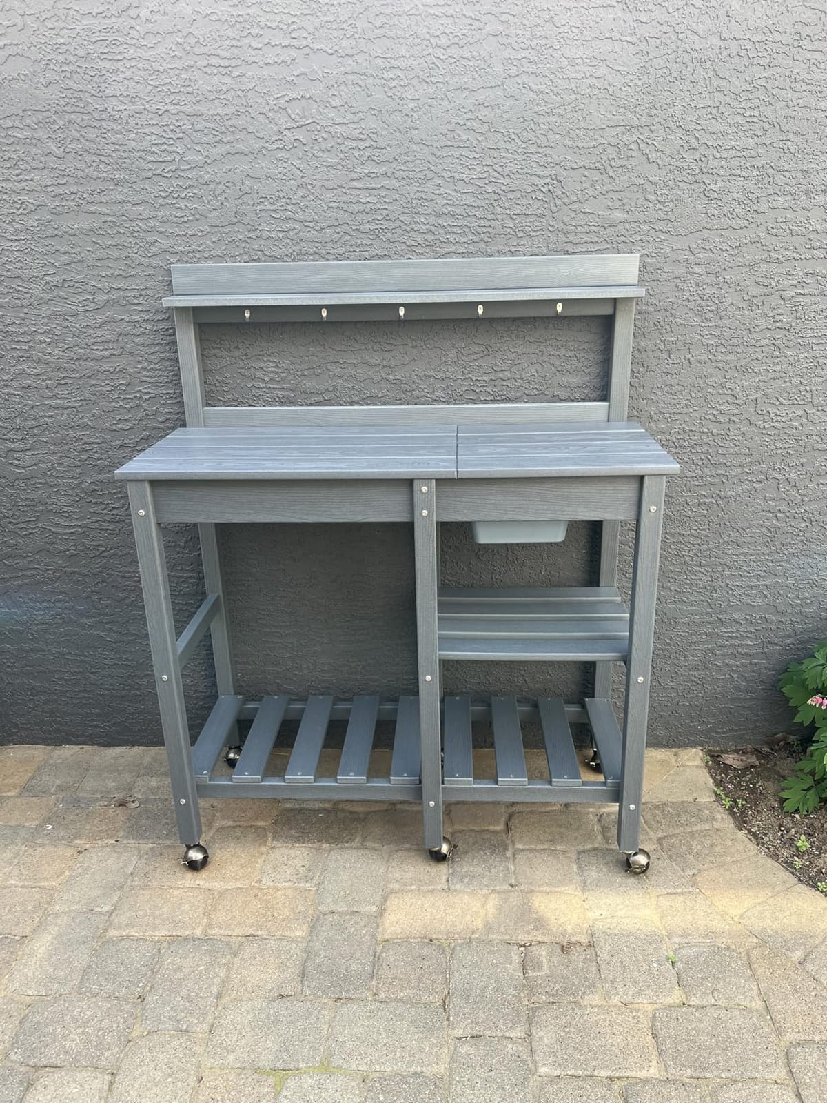 SERWALL 3-Tier Outdoor Potting Bench with Storage, Gardening Table, Grey - Waterproof HDPE Structure customer photo 2