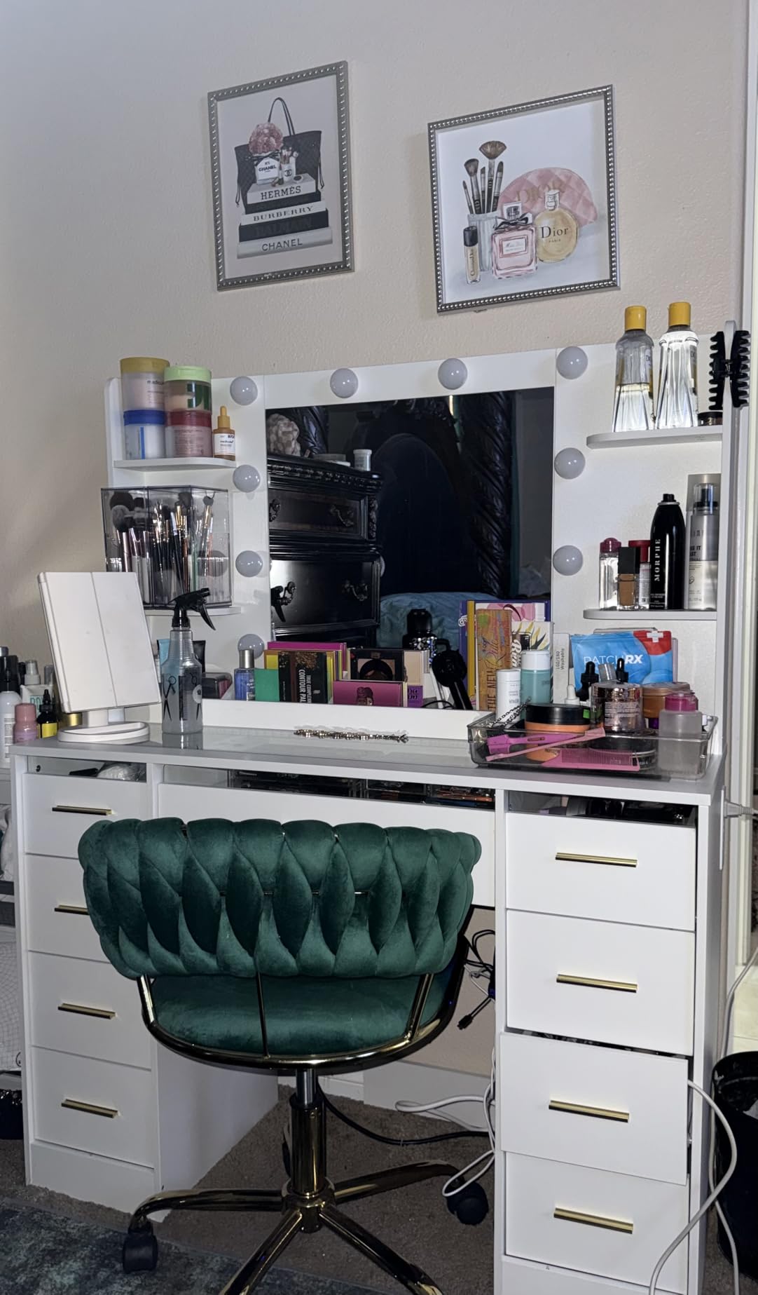 ANWBROAD Large Vanity Desk with Mirror and Lights & Transparent Glass Top | 3 Colors Makeup Vanity Table Set with 9 RGB Drawers, Power Outlet,White Vanity Stool and 4 Shelves for Bedroom Women UBDT94W customer photo 2