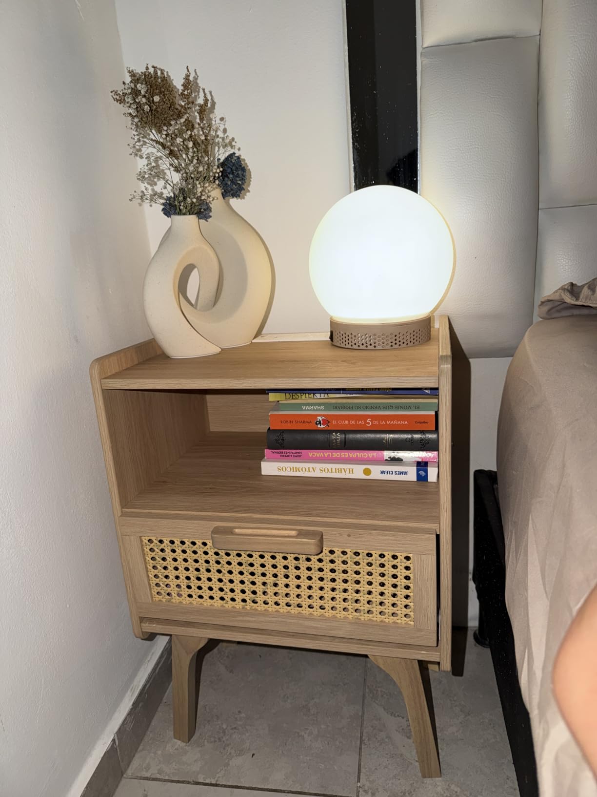 Lerliuo Rattan Nightstand with Charging Station, Side Table with Drawer | Bedside End Table with Solid Wood Legs, Open Storage Shelf, Night Stand for Bedroom, Dorm and Small Spaces (Walnut) customer photo 2