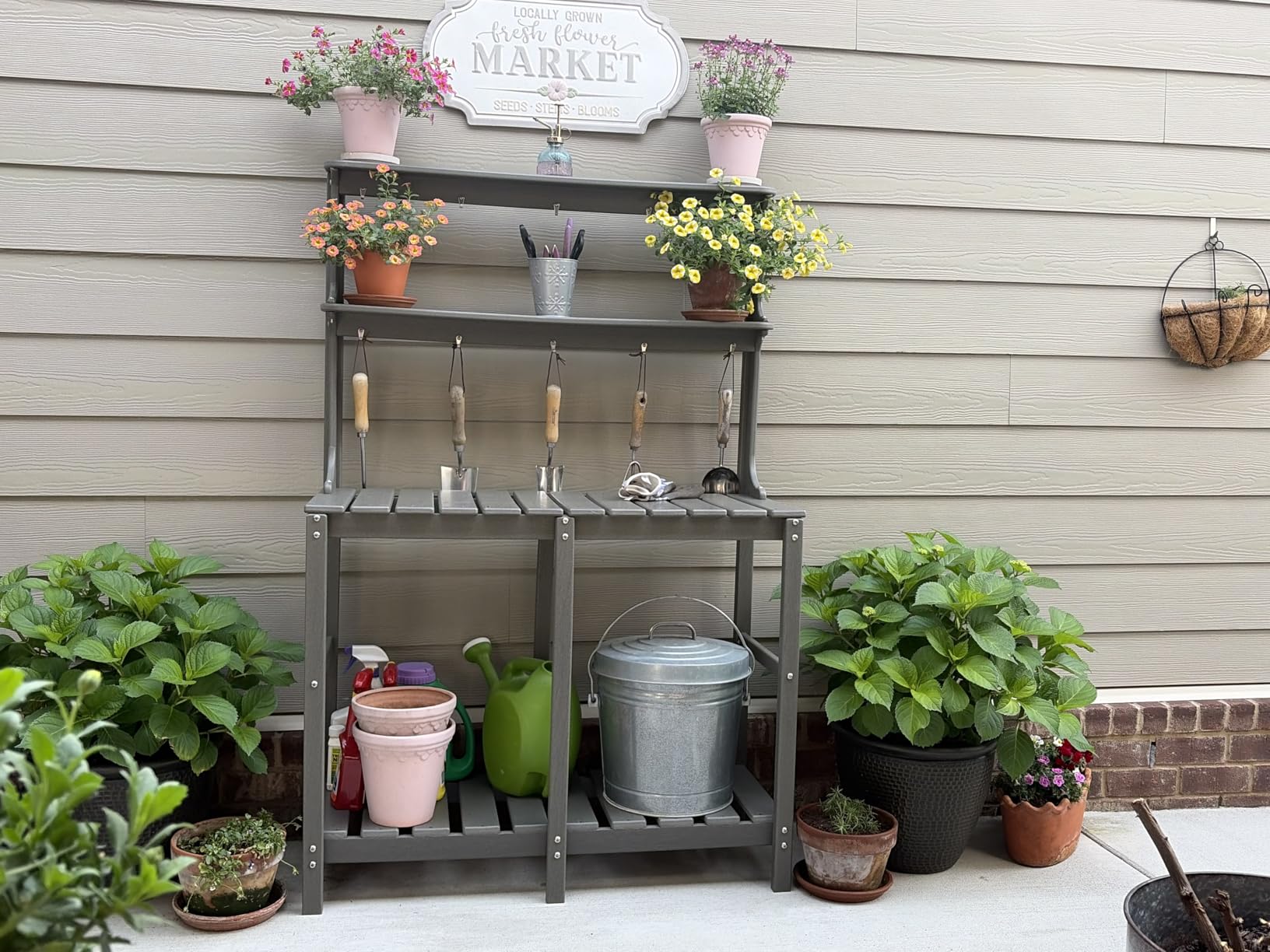 Outdoor Potting Bench with 3 Tier, All-Weather HDPE Patio Potting Table with Tool Hooks, Gardening Table for Backyard, Garden, Grey customer photo 2
